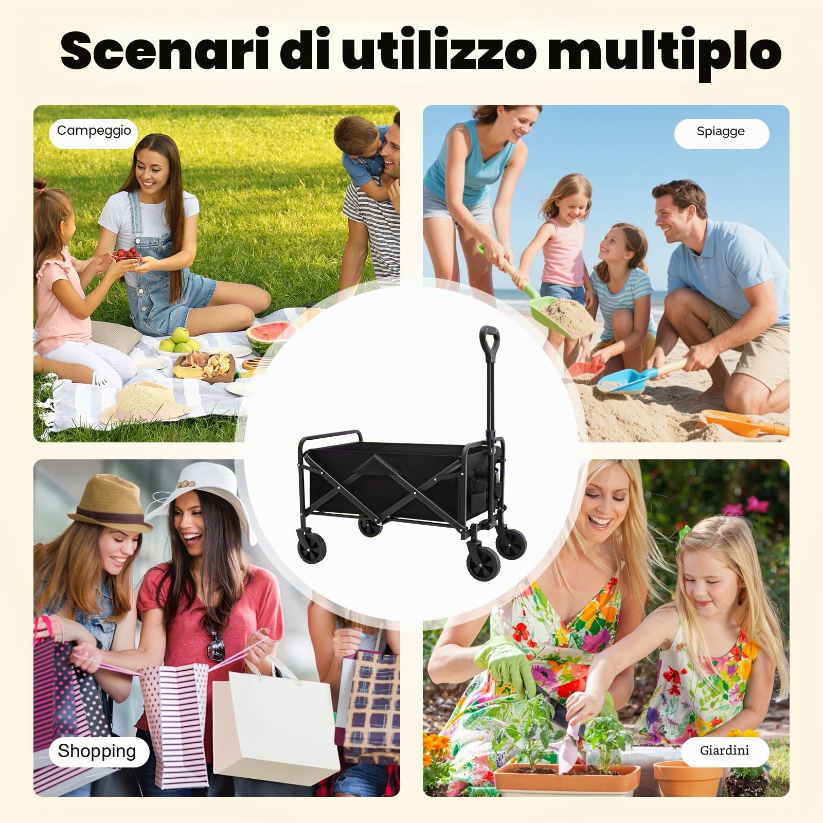 Carrello pieghevole con portabicchieri e maniglia regolabile, carrello pieghevole come carrello da trasporto e carrello da spiaggia per esterni, campeggio, shopping, giardino, portata 80 kg, nero