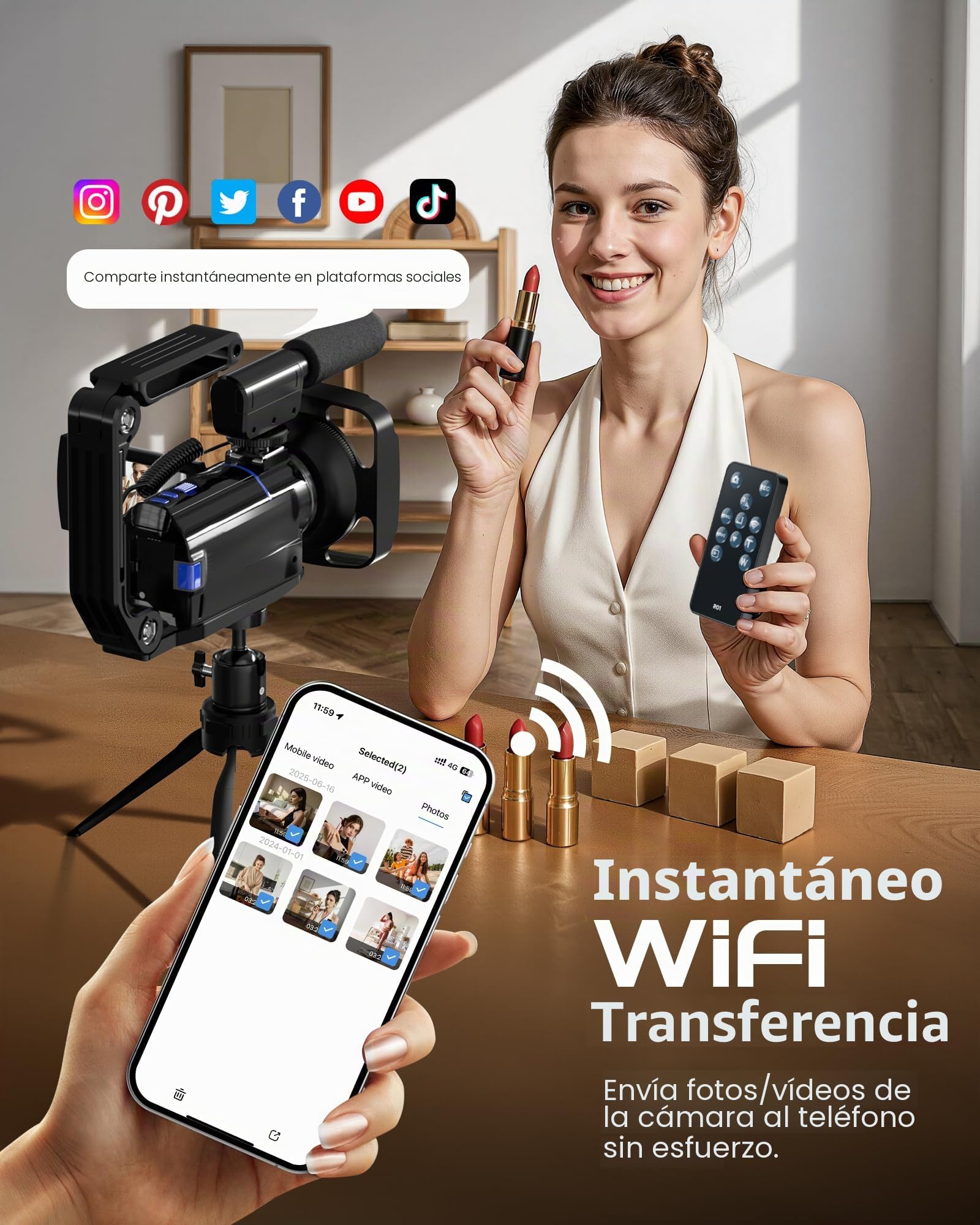 Videocámara 5K, cámara UHD de 64 MP para YouTube con pantalla táctil giratoria de 3 pulgadas y 270°, cámara digital con visión nocturna IR, zoom de 16x, WiFi, cámara web, HD