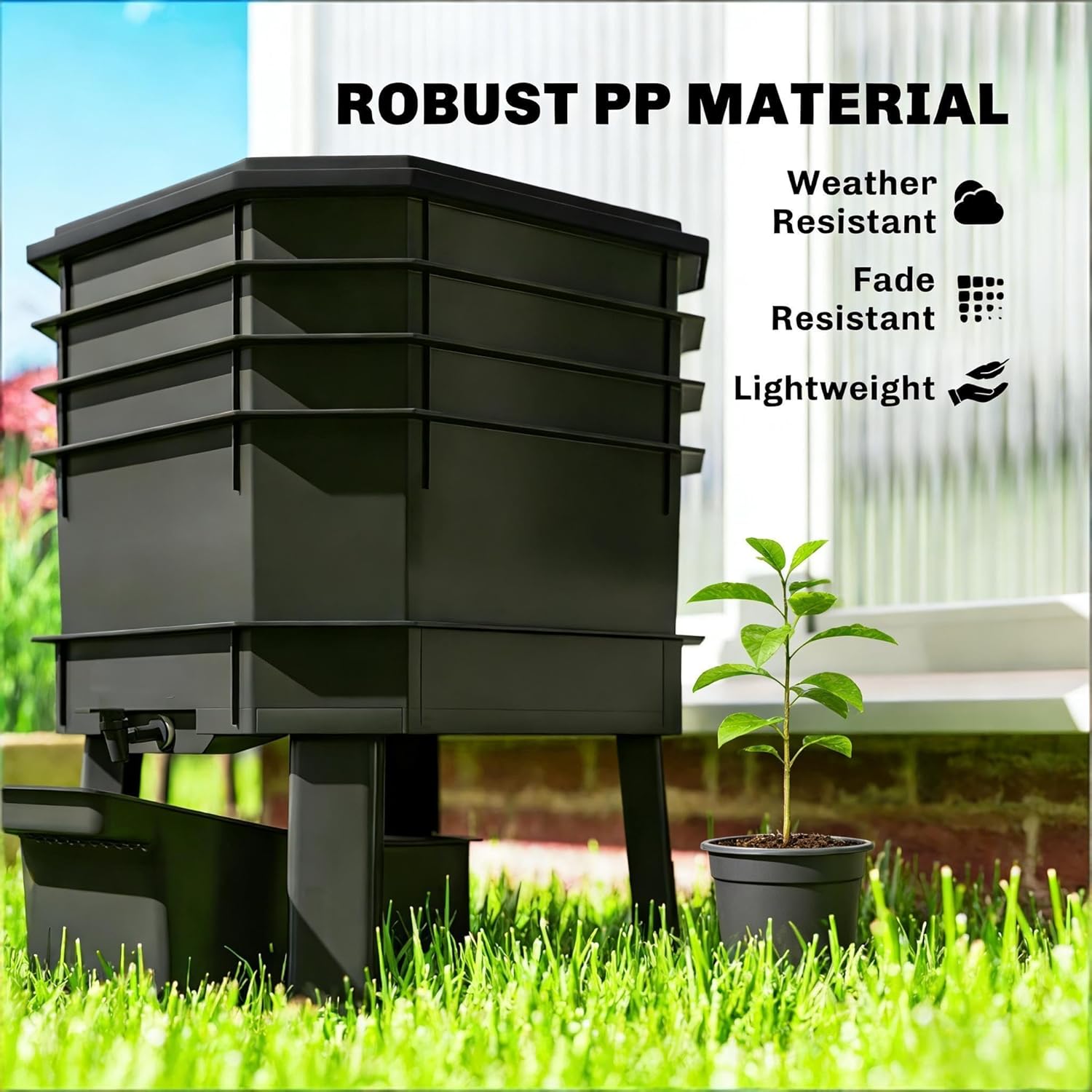 4-Tray Worm Composter Bin - 15.4" L×15.4" W×20.3" H Stackable Worm Compost Bin with Worm Tea Collector, PP Plastic Composting Bin for Kitchen Balcony Patio Home Gardening