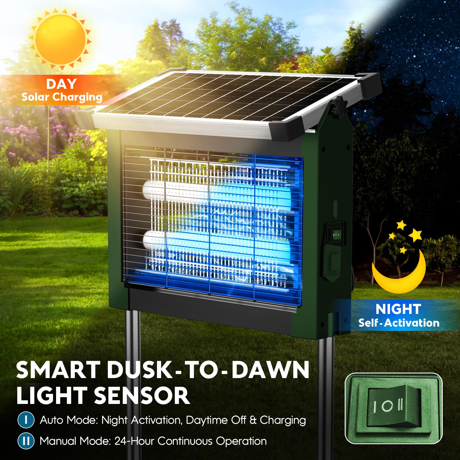 Solar Bug Zapper Outdoor Wasserdicht Moskito Zapper Outdoor Solarbetrieben 4500V Elektrischer Insektenvernichter Indoor w/Smart Lichtsensor Mückenfalle Fliegenvernichter für Terrasse Küche Garage Hof