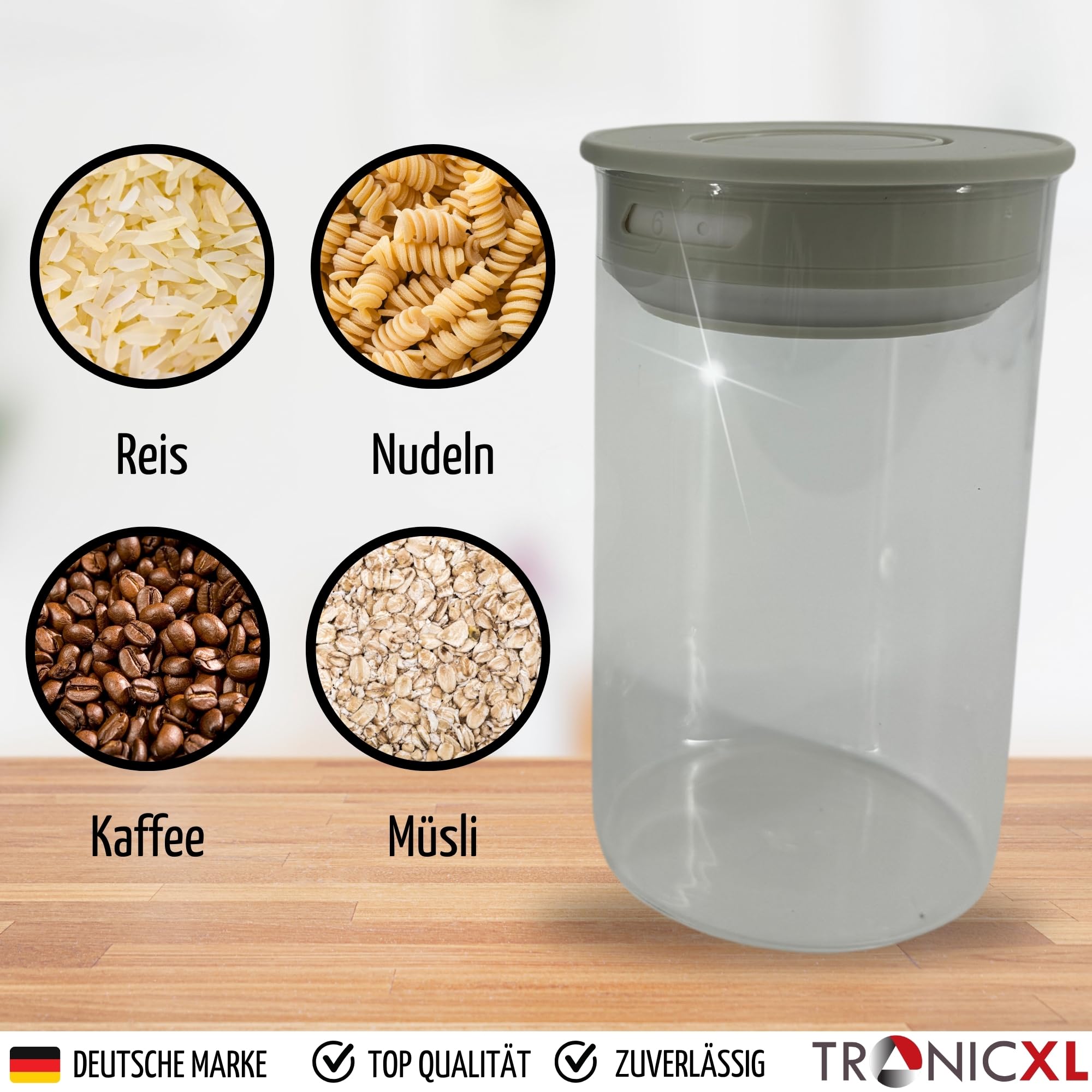 TronicXL Lot de 2 bocaux de conservation sous vide en verre borosilicate de 1 l - 1 000 ml - Avec couvercle hermétique - Pour cuisine, maison, aliments