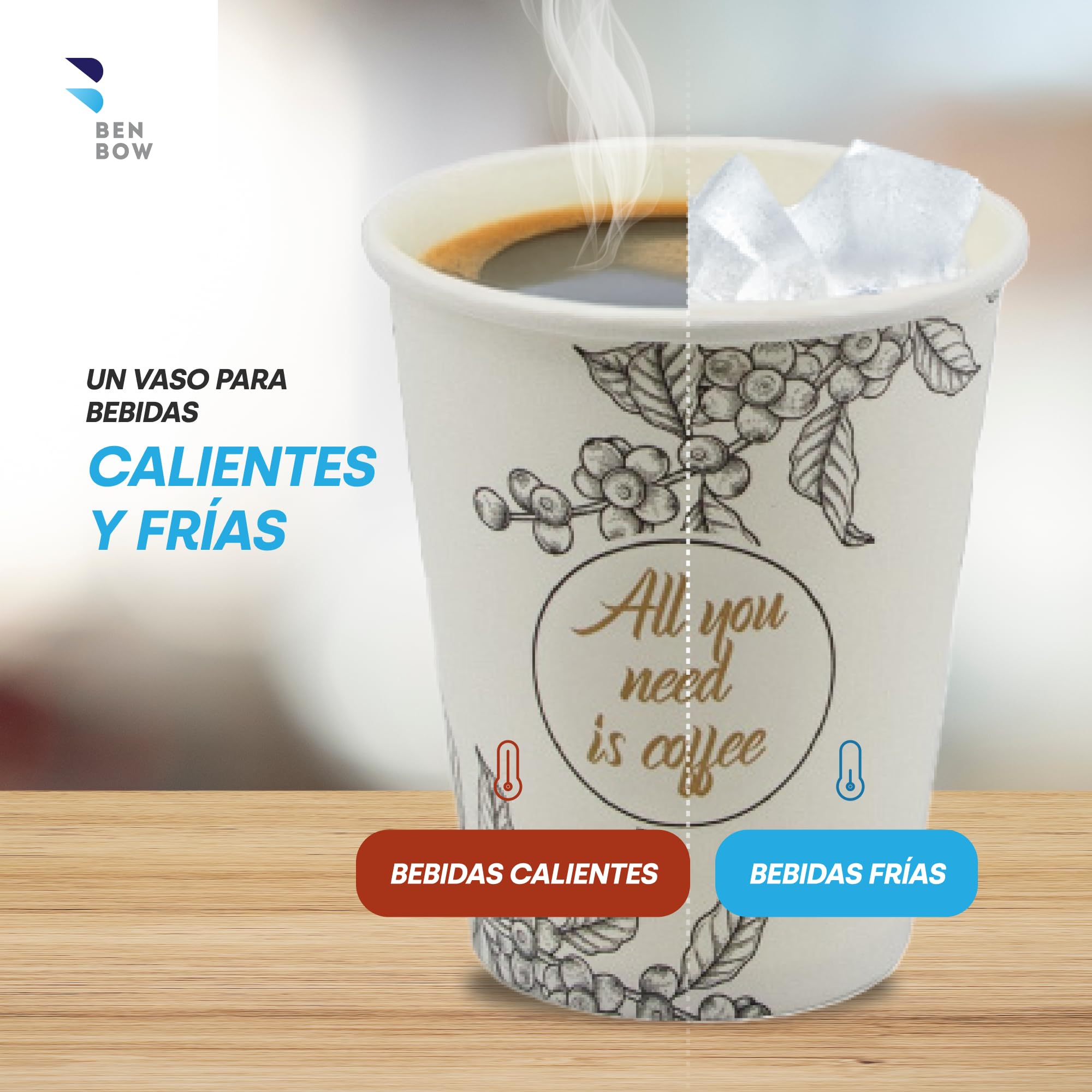 BenBow 300 ml x 250, Vasos Desechables para Llevar, Vasos de un Solo Uso para Viajes, All You Need Is Coffee, Vasos para Oficina y Máquinas de Café, Robustos y Prácticos
