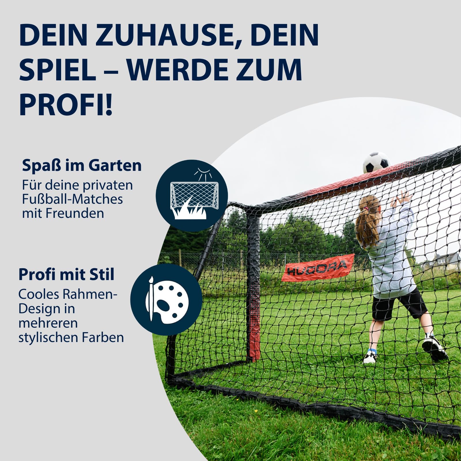 HUDORA Fußballtor Pro Tect Advanced – Outdoor Fußballtor mit Netz und wetterfester Ummantelung für Kinder/Erwachsene – Einfacher Aufbau im Garten – Tor mit Reiß- und Klettverschlüssen