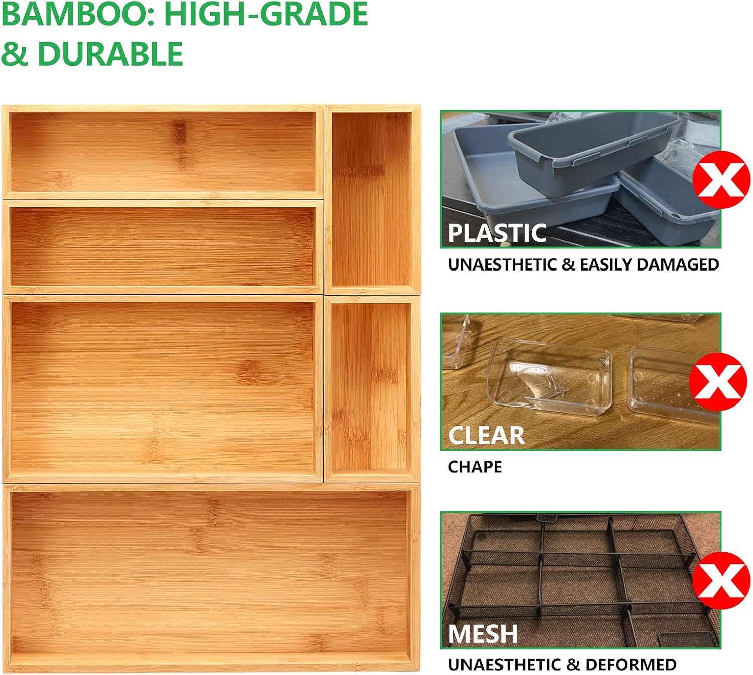 MaxGear Drawer Organizer 100% Bamboo Drawer Organizers 6-Pcs Stackable Wood Kitchen Drawer Organizer 18x15x2 inch Multi-use Desk Drawer Organizer with Various Sizes for Office, Kitchen, Bathroom