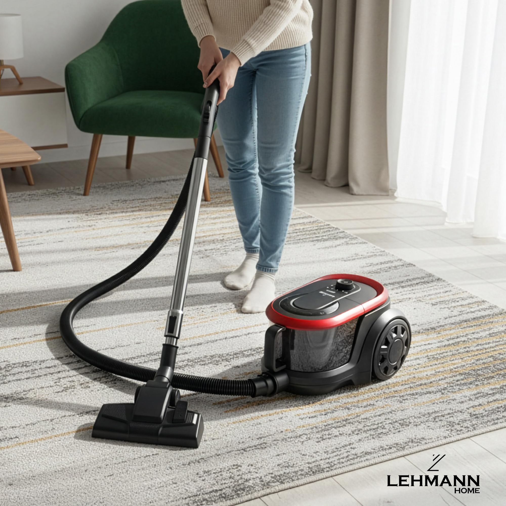 LEHMANN - Aspirador sin bolsa, tecnología ciclónica potente, doble filtro HEPA para alérgicos, capacidad 2,5 L, compacto, aspirador trineo para alfombras y suelos, juego de accesorios, negro/rojo
