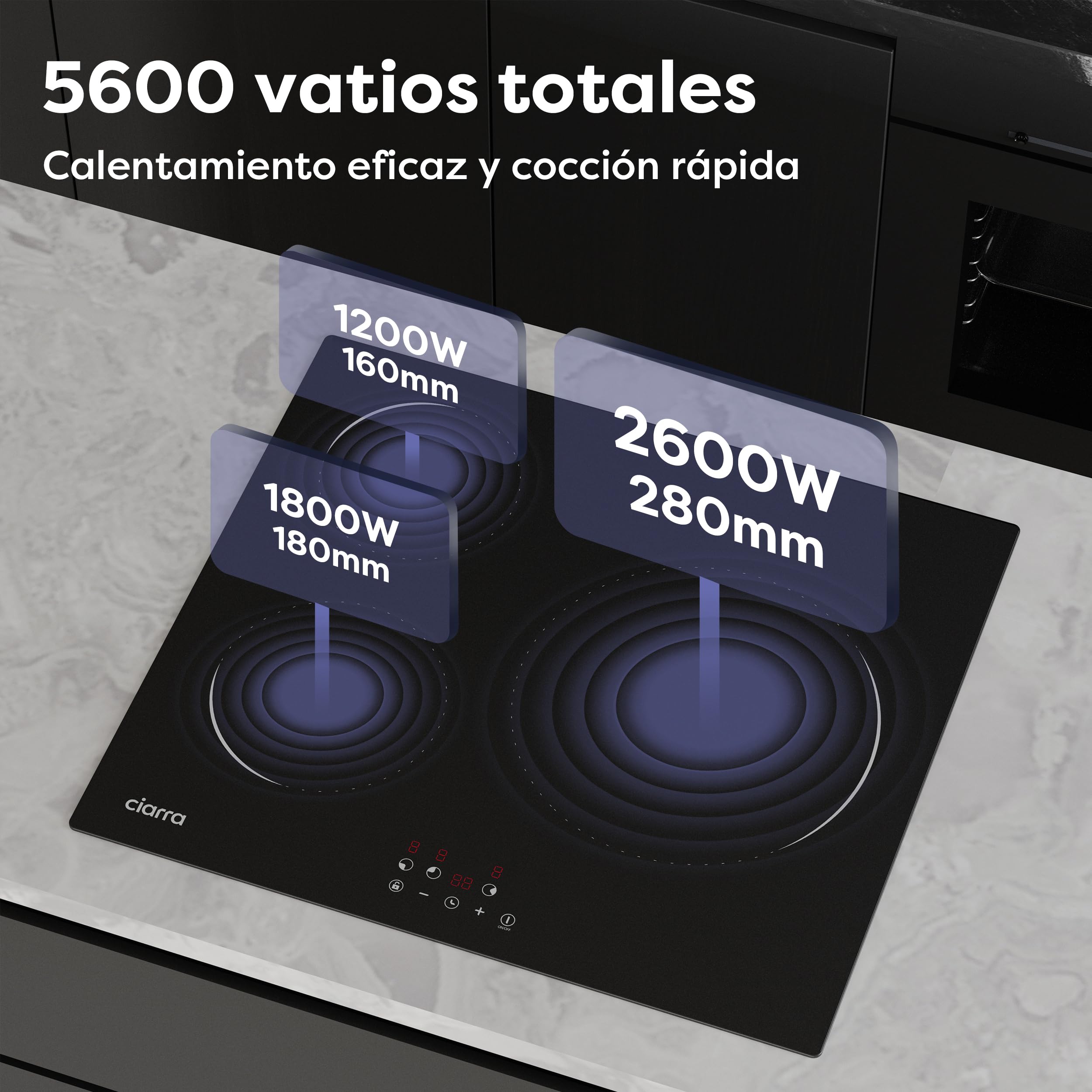 Ciarra CABBIH3-C Placa Induccion 3 Fuegos 60cm, Bloqueo Infantil | Limitador de potencia 2.8kW/3.5kW/5.6kW, Control táctil, 9 Niveles, Temporizador, Apagado Automático