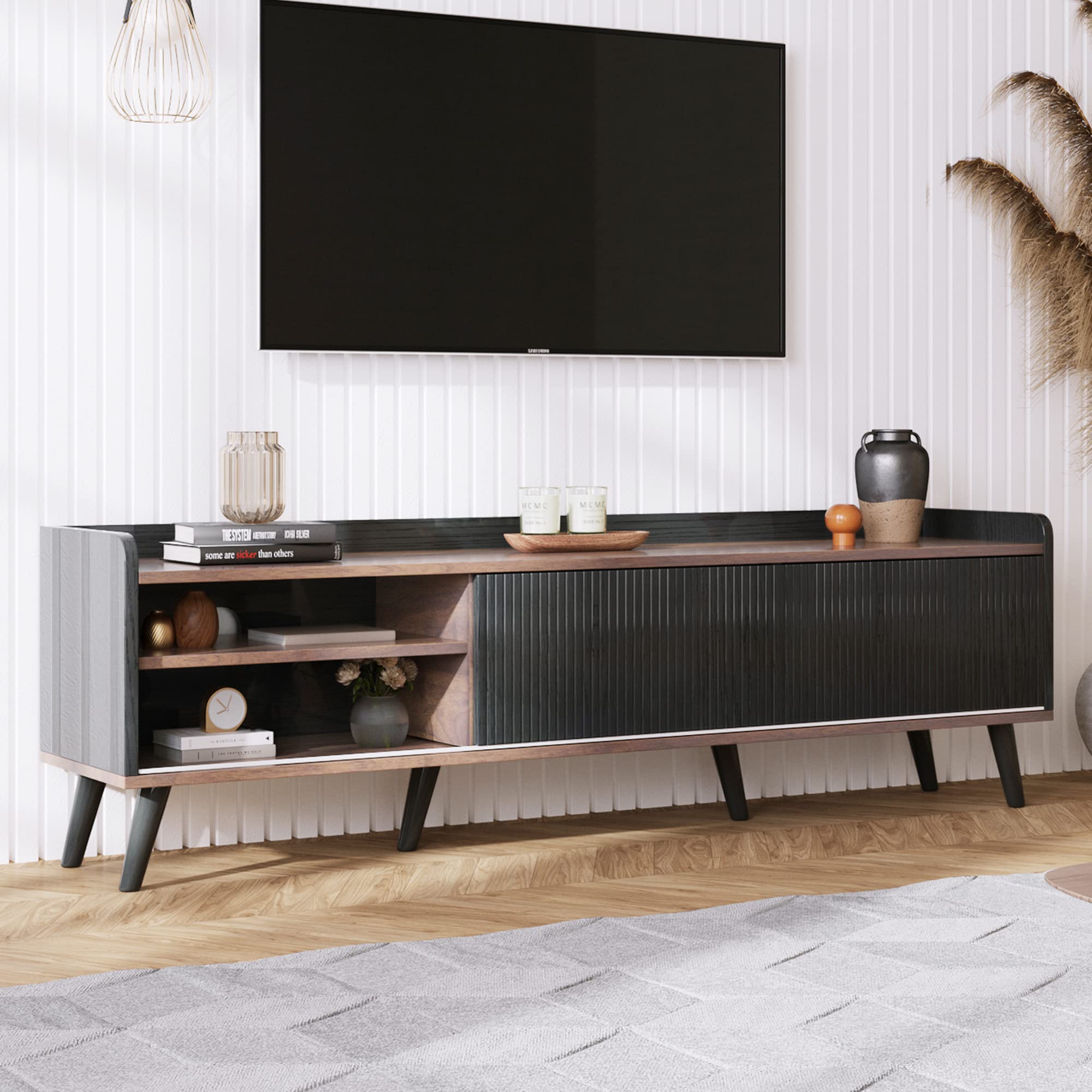 Moimhear Casa & Soggiorno, Mobili, Mobile TV con due cassetti, TV Board TV, TV Lowboard basso con due ante scorrevoli. Texture squisita. H58/L160/T40 cm. (nero e naturale), WF303118119