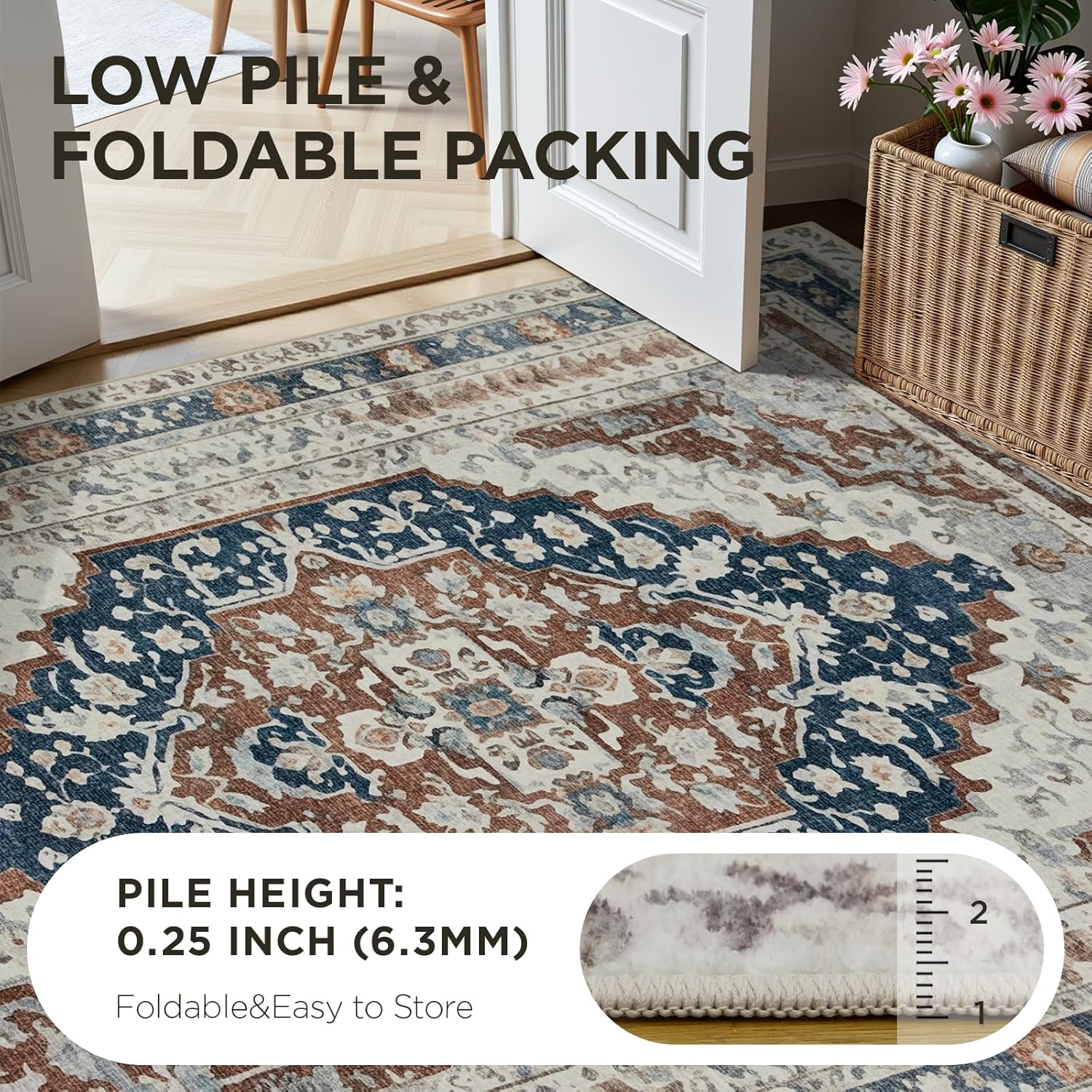 Joydeco 5x7 Area Rugs for Living Room, Non Slip Machine Washable Vintage Rug, Low Pile Chenille Print Rugs for Bedroom, Dining Room, Home Office, Pet & Child Friendly, Blue & Brown & White