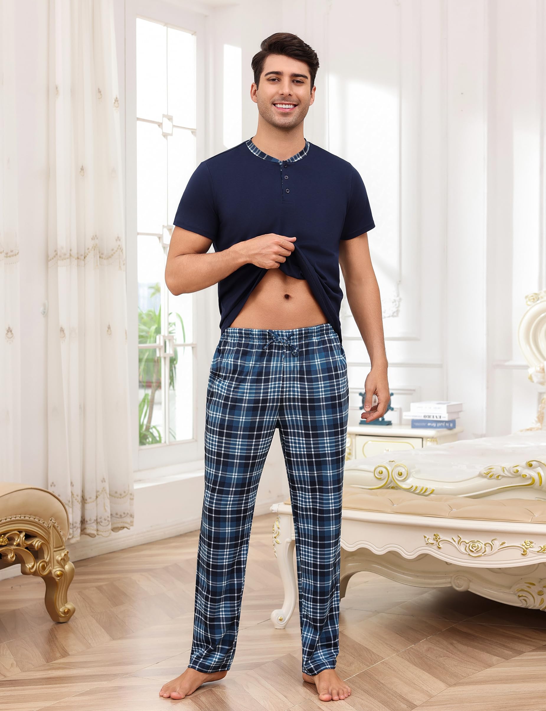 Aseniza Pigiama Uomo Top Girocollo a Maniche Corte e Pantaloni Lunghi a Quadri Pigiama da Due Pezzi Abbigliamento da Casa Comodo S-3XL