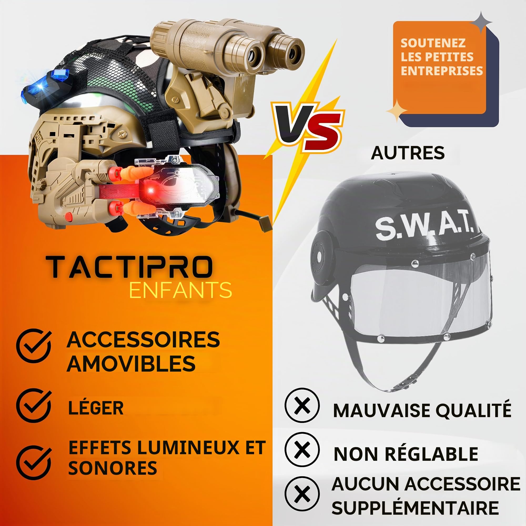 Ensemble de soldat de police pour enfants avec casque SWAT comprenant une lampe torche amovible, une lunette LED mégaphone, un pistolet à fléchettes et 4 jumelles, pour des heures de plaisir