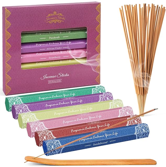 Premium Incense Sticks Variety Pack - Sandalwood, Patchouli, Jasmine, Strawberry, Violet, Cherry Incense for Meditation Purification Yoga Relaxation - 120 Sticks with Free Incense Holder