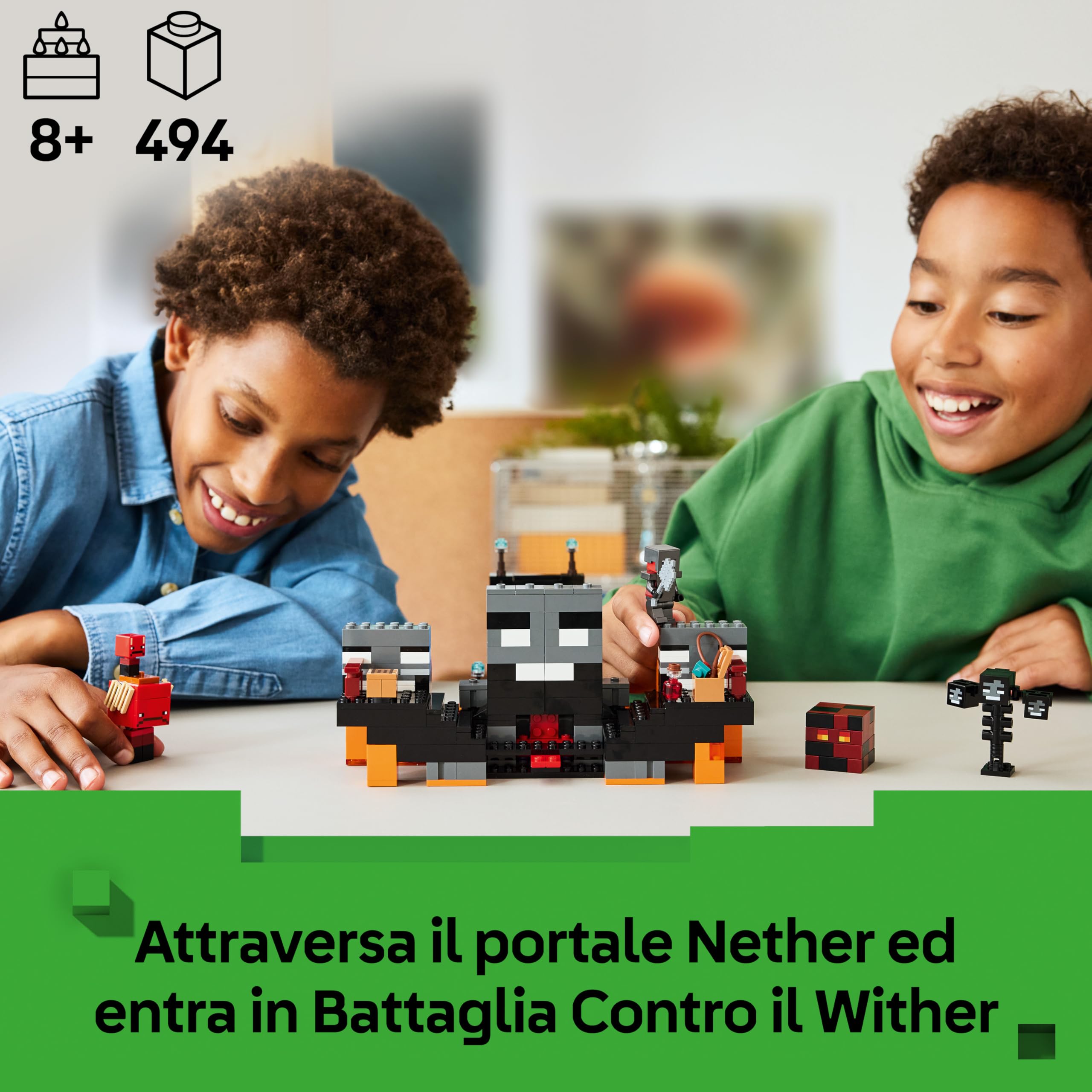 LEGO Minecraft Battaglia Contro il Wither - Giocattolo Interattivo con Guerriero Crimson, Strider, Cubo di Magma e 2 Figure di Scheletri Wither - Regalo per Gamer, Bambini e Bambine da 8 Anni - 21590