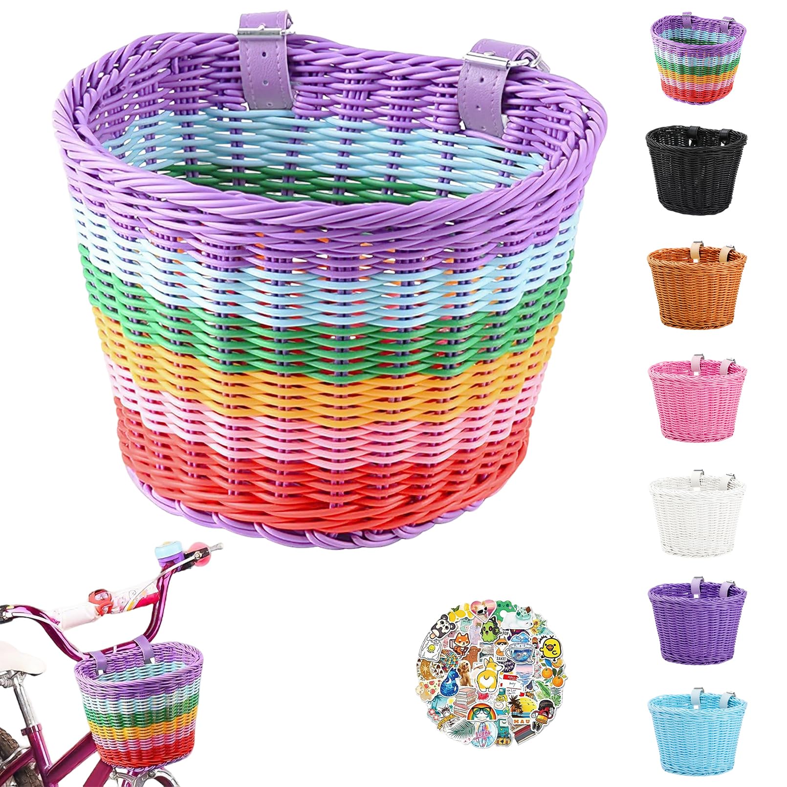 Kids' Bike Basket – Small Hand-woven Plastic Wicker Front Basket for Boys & Girls, Easy to Install & Waterproof (Rainbow) — image 1