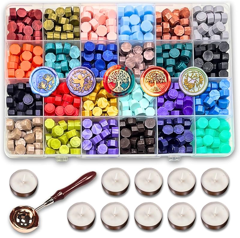 xxxHOLIC Wax Seal Kit, 360 Beads in 24 Colors | with Melting Spoon and Tea Lights - Odorless, Bubble-Free Starter Supplies for Invitations, Gifts, Letters and Crafts.
