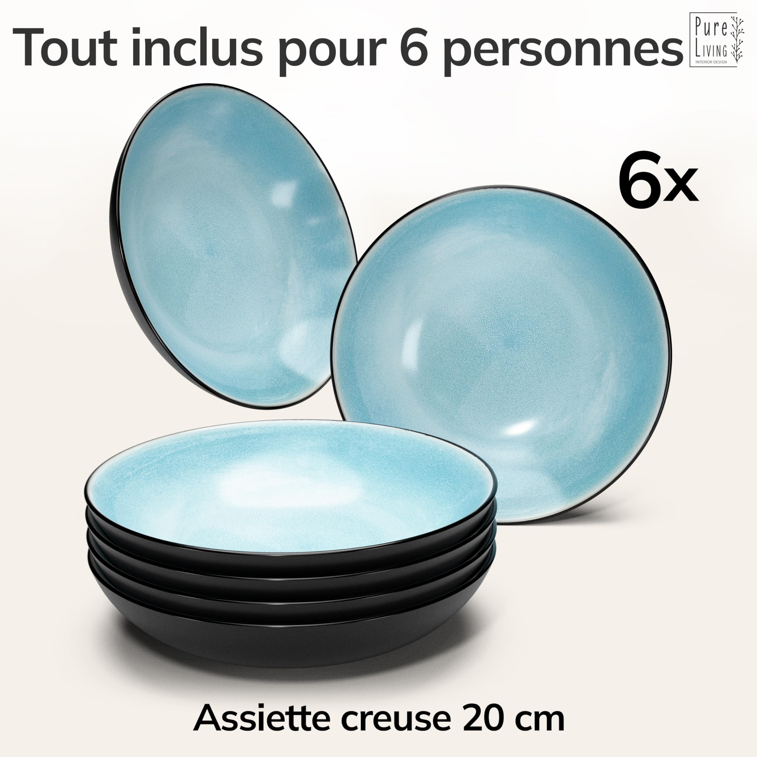 Ensemble Prestige de Services de Table: Assiettes Creuses en Porcelaine pour 6 Personnes - Élégantes Assiettes de Service pour une Expérience Culinaire Raffinée, Pure Living aigue-marine