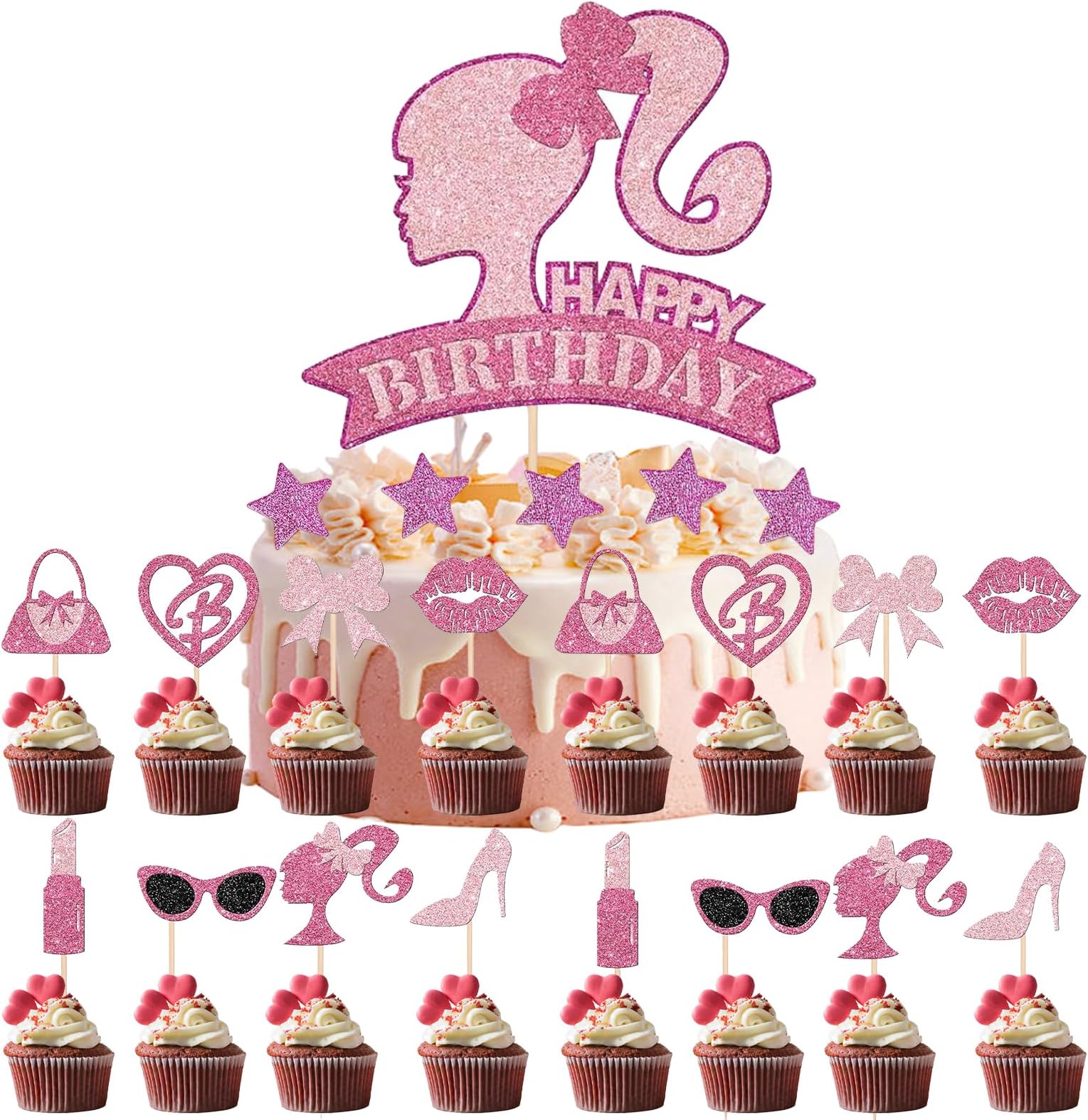 Pack of 27 Barbi Cake Decoration Girls, Barbie Cake Decoration, Barbie Birthday Decoration Set, Pink Girl Cake Decoration, Glitter Decoration Birthday, for Girls Birthday Party Cake Decoration