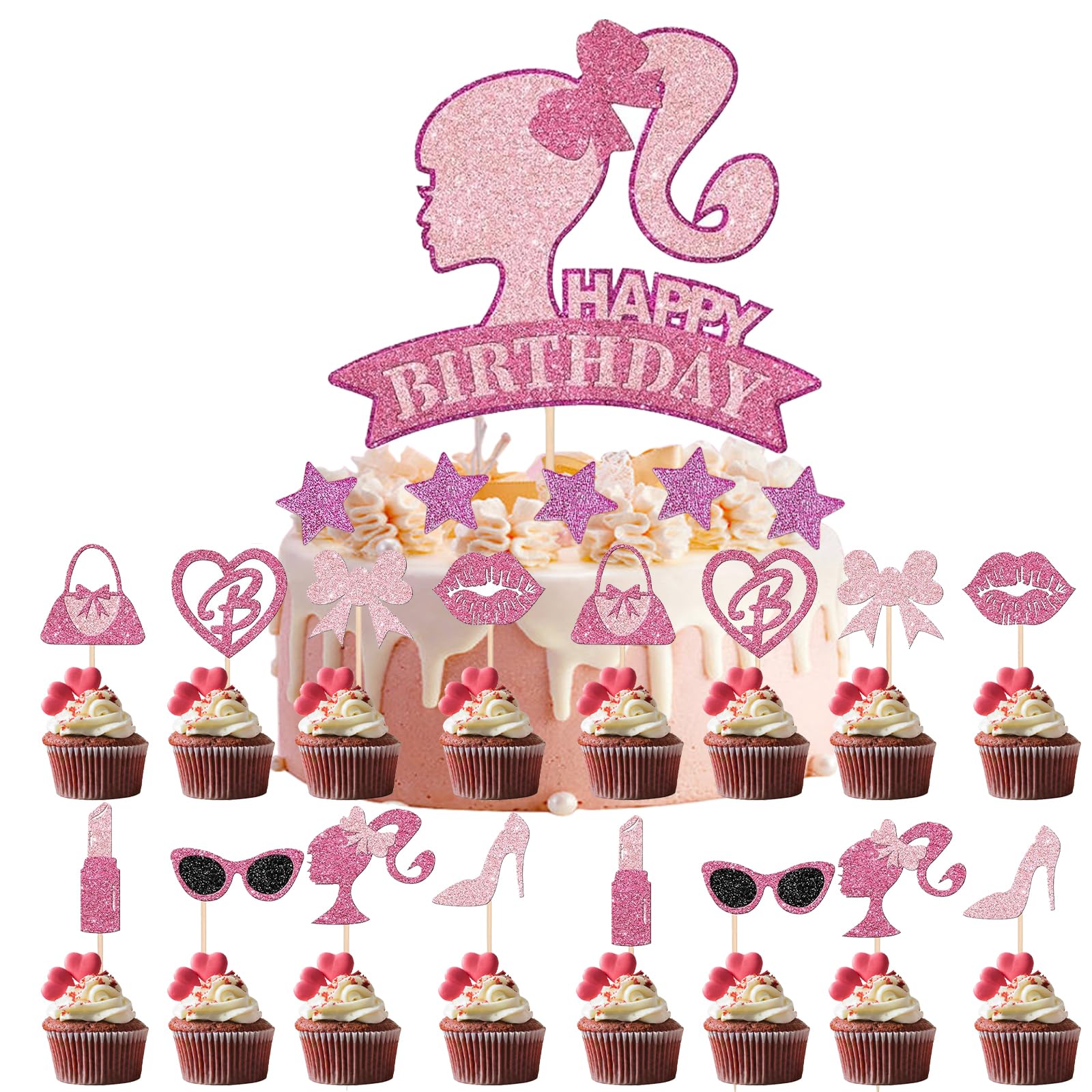 Pack of 27 Barbi Cake Decoration Girls, Barbie Cake Decoration, Barbie Birthday Decoration Set, Pink Girl Cake Decoration, Glitter Decoration Birthday, for Girls Birthday Party Cake Decoration