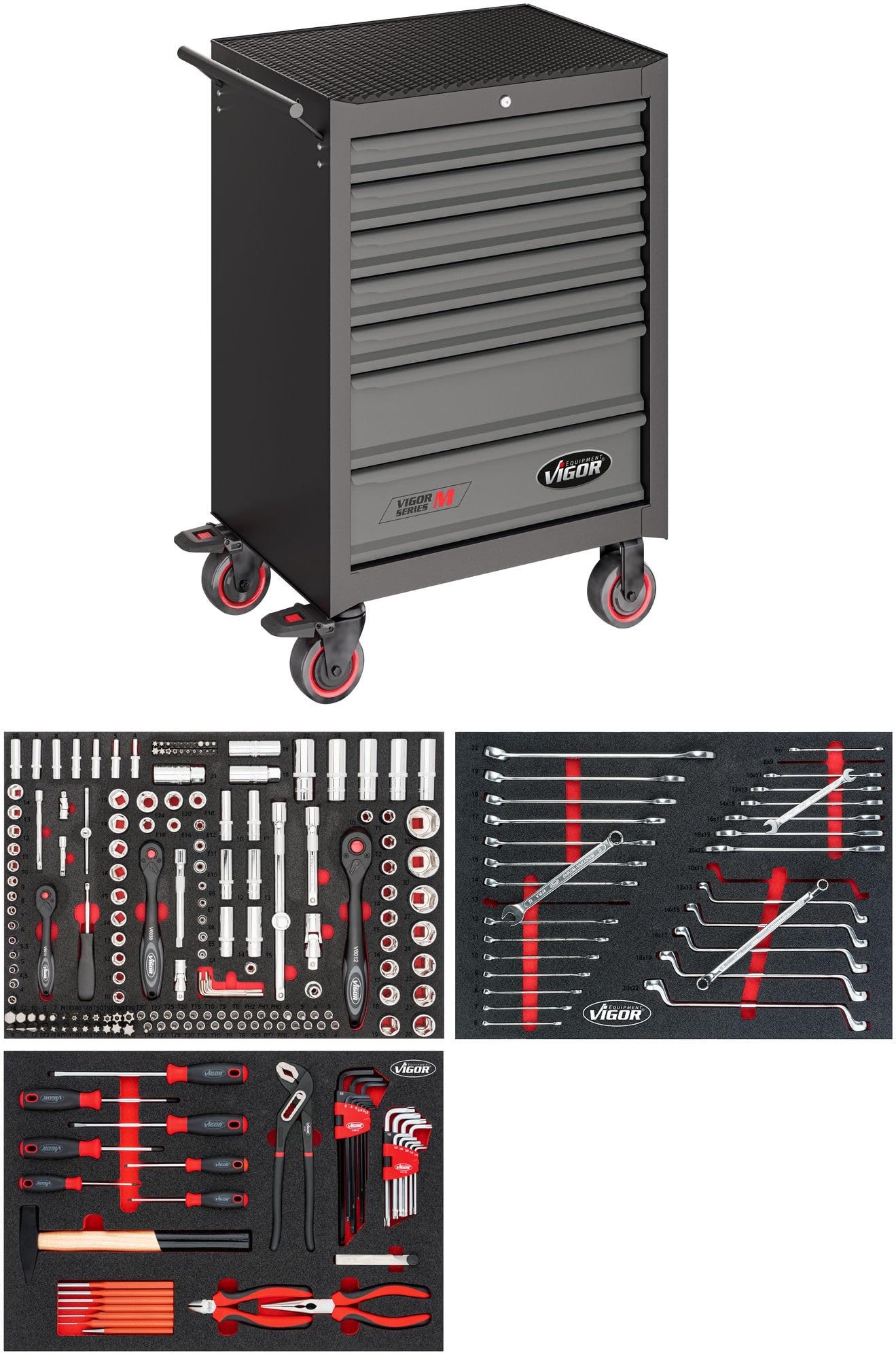 ViGOR servante d'atelier Series M avec assortiment de 256 pièces V2379N, 7 tiroirs, tapis mousse, capacité de charge 400 kg, avec pinces, tournevis,verrouillable, 681 x 460 x 1016 mm'.
