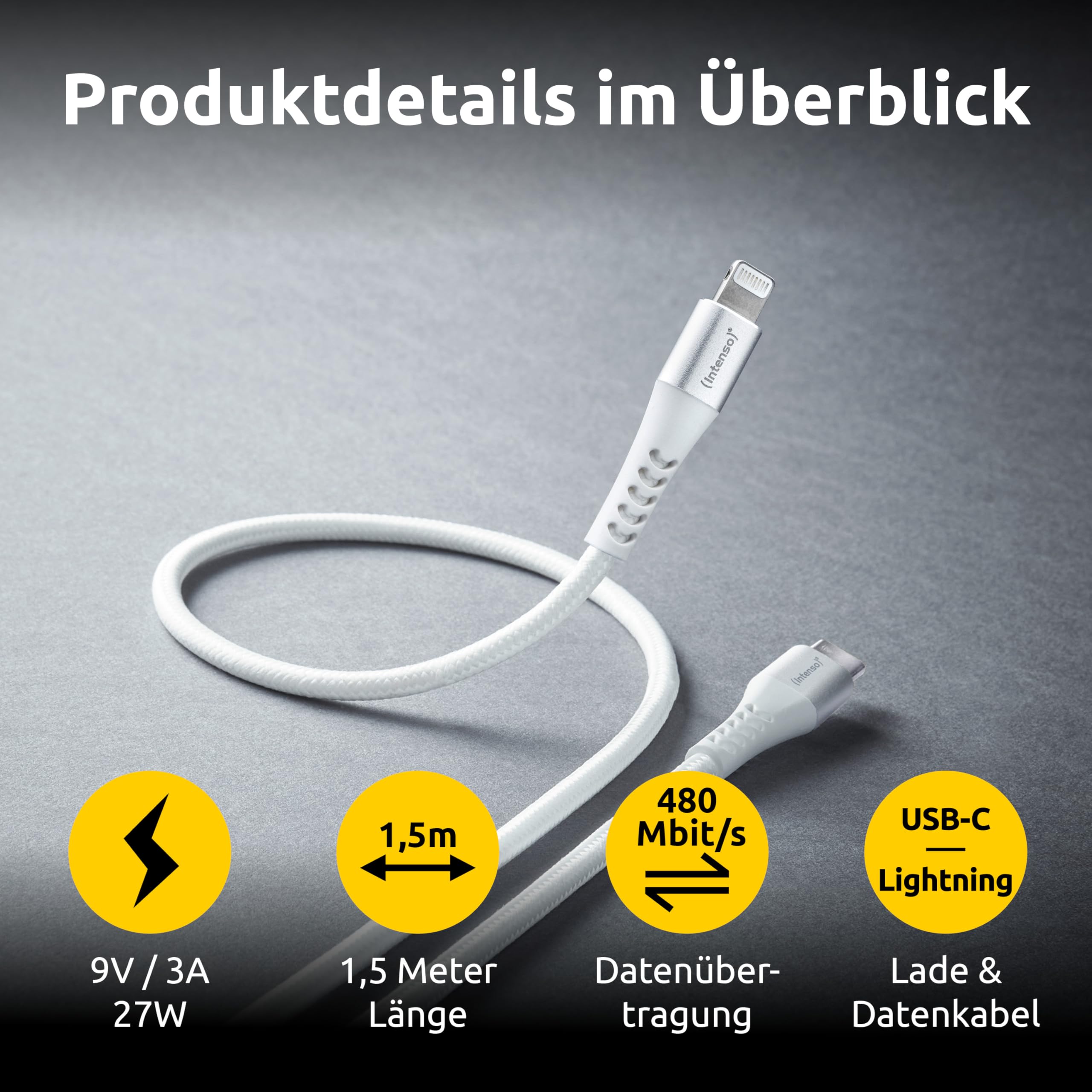 Intenso Kabel USB C315L, USB-C na Lightning kabel do transmisji danych i ładowania, Power Delivery o mocy do 60 W, nylon, 1,5 m, biały