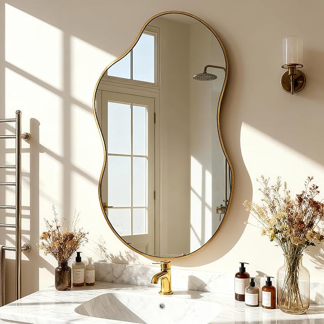 Irregular Wall Mirror, Asymmetrical Wall Mirror Decorative Wavy Mirror | 22"x36" Abstract Shape Curvy Mirror, Antique-Bronze,for Living Room Bathroom Bedroom Entryway