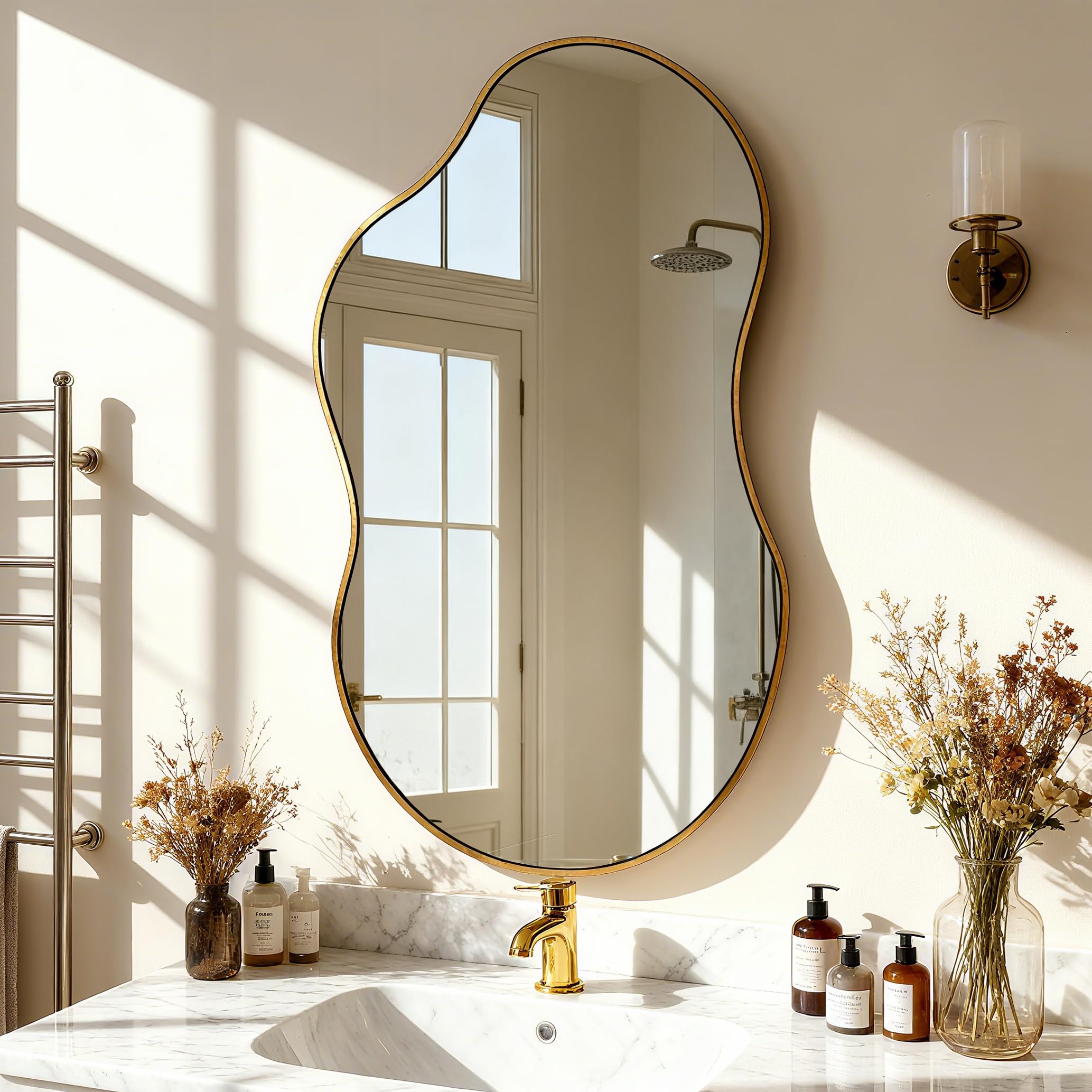 SHYFOY Irregular Wall Mirror Decorative, 20"x36" Antique-Gold Asymmetrical Mirror for Wall Decor Wavy Accent Mirrors for Living Room Bathroom Bedroom Entryway, Abstract Irregular Shape Curvy Mirror