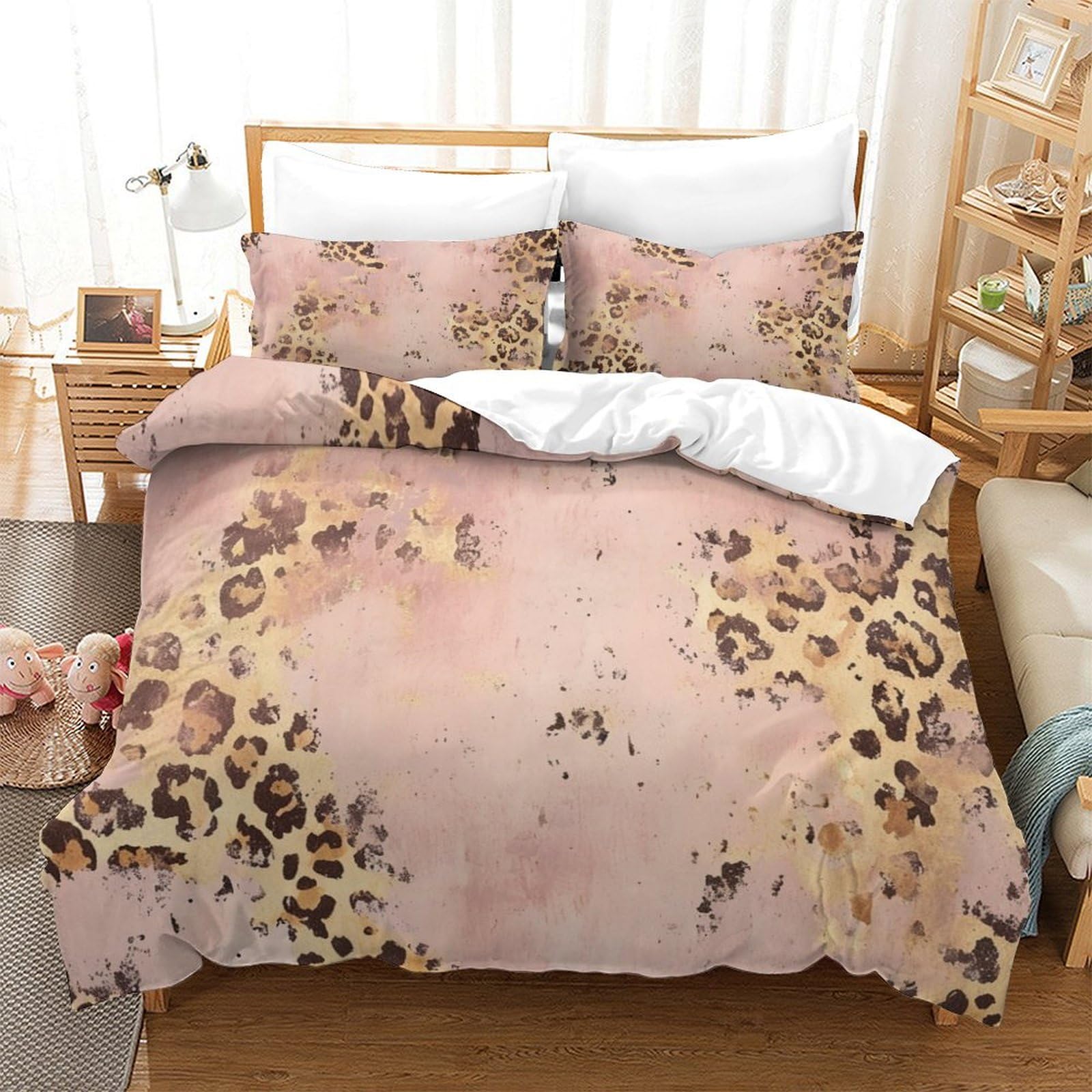 P1S9U7W5Y Trendy Leopard Pink 3D Printed Duvet Cover Set 3pcs Microfiber Leopard Bedding Set Double（200x200cm）