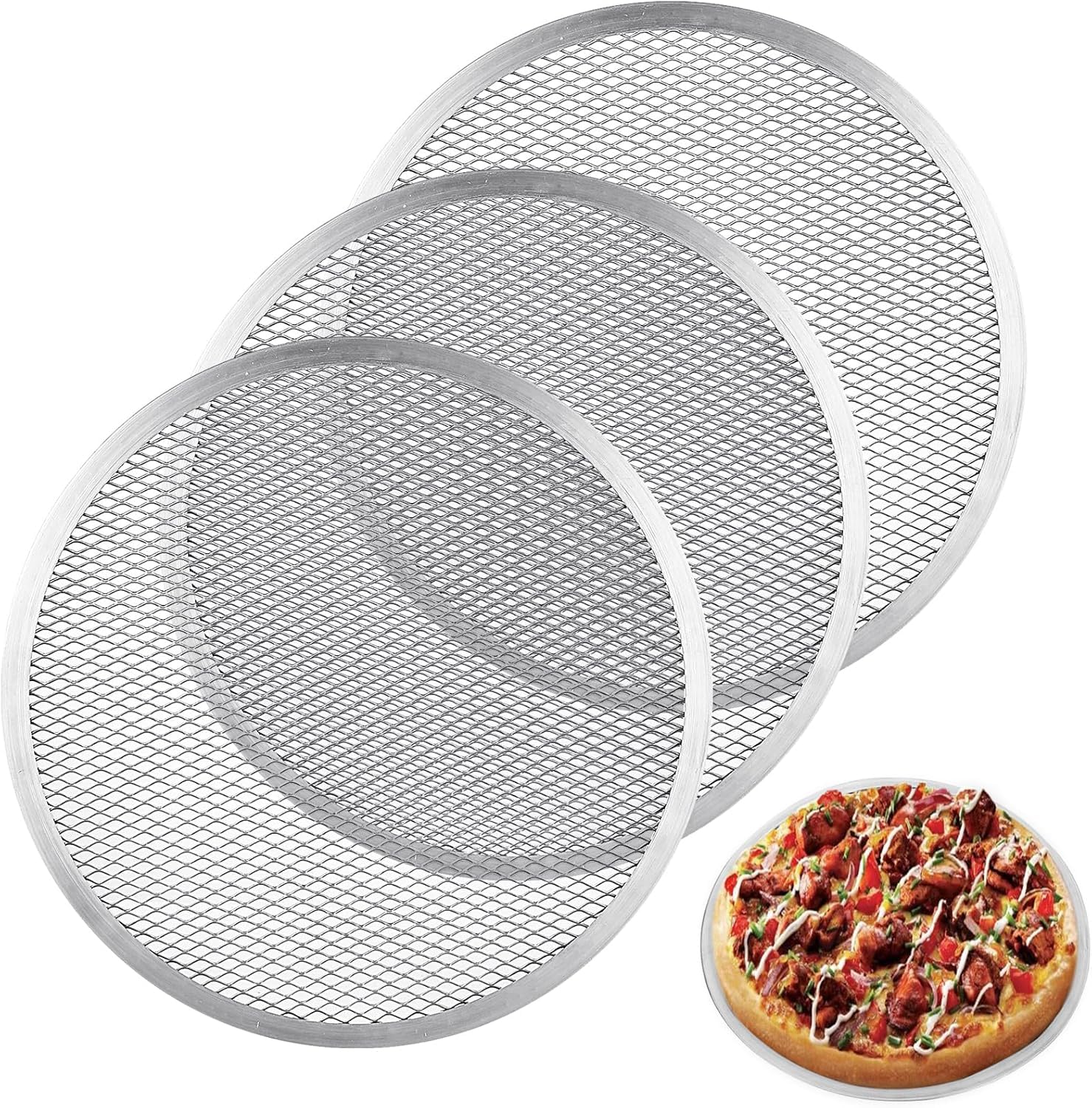 Abaigeal 3 vassoi per pizza in alluminio da 33 cm, in rete antiaderente, per forno, teglie rotonde per pizza per la cucina di casa