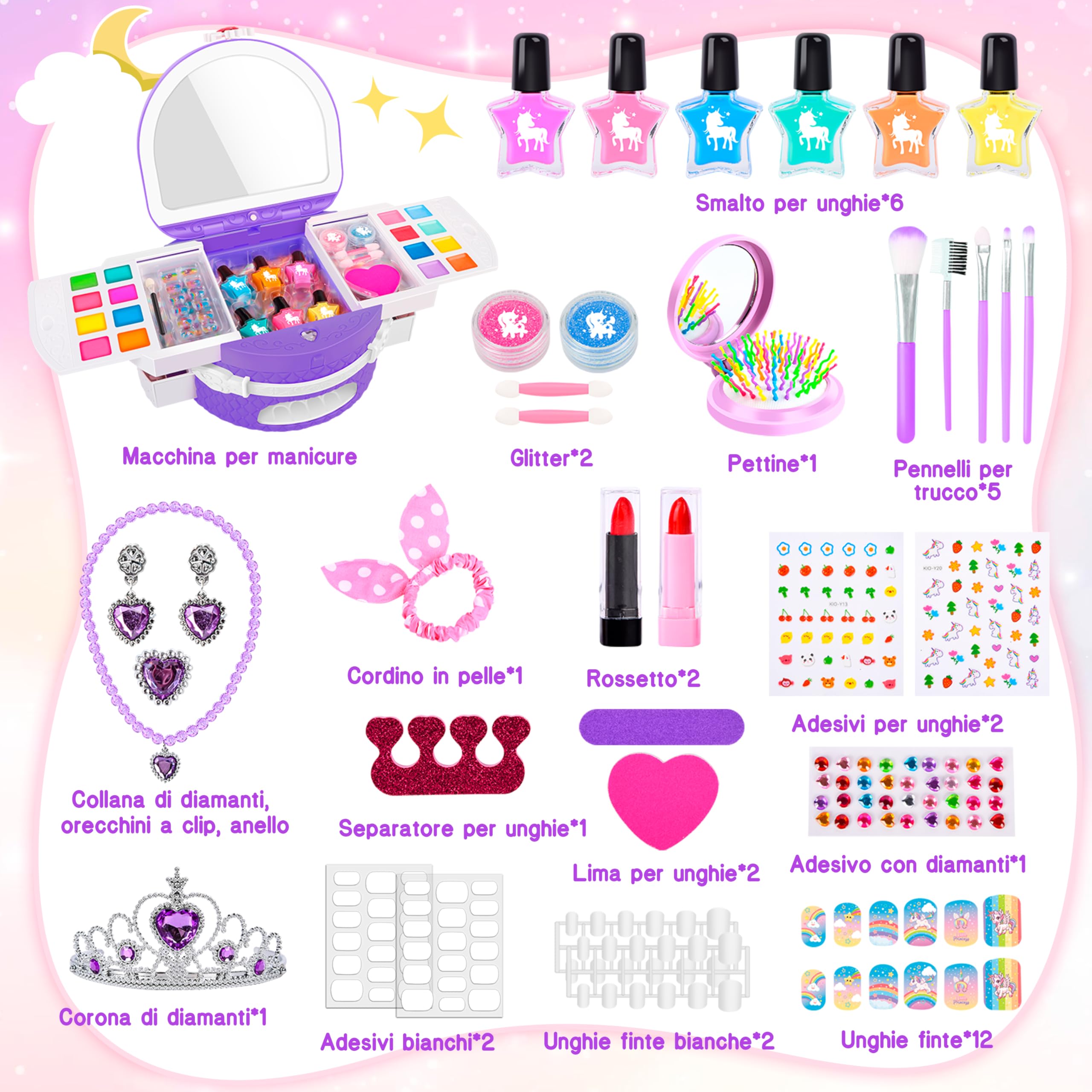 Herenear Kit Unghie Bambina 6-12 Anni, Trucchi Bambina Kit Unghie con Unghie Asciuga, Peel Off Smalto per Unghie, Adesivi Compleanno Manicure Gioco Regalo Ragazza (Viola)