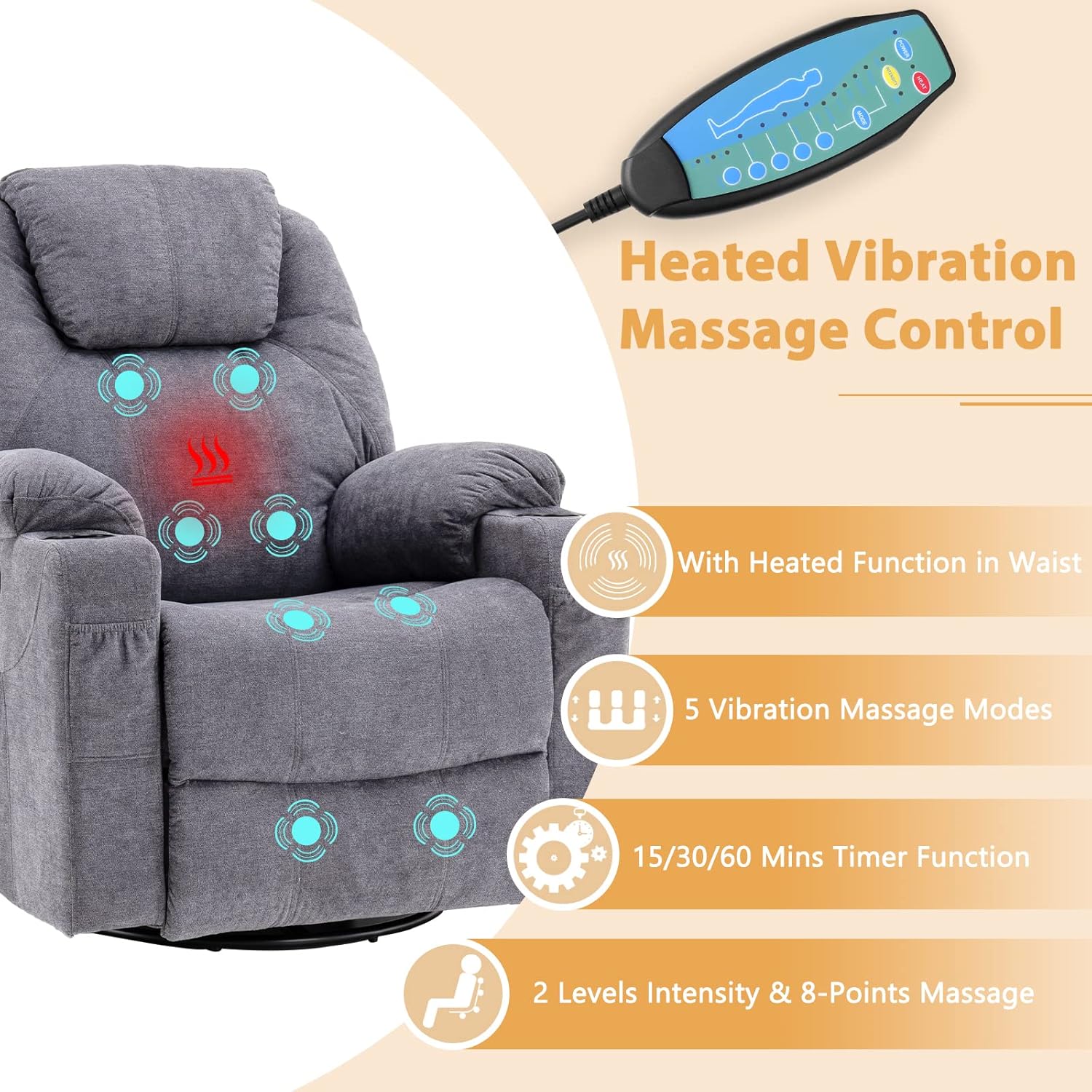 Swivel Rocker Recliner Chair - Manual Glider Rocking Recliner with Heated Massage Ergonomic Lounge Chair with 4 Pockets/Cup Holders/USB Ports/Remote Control (Gray)