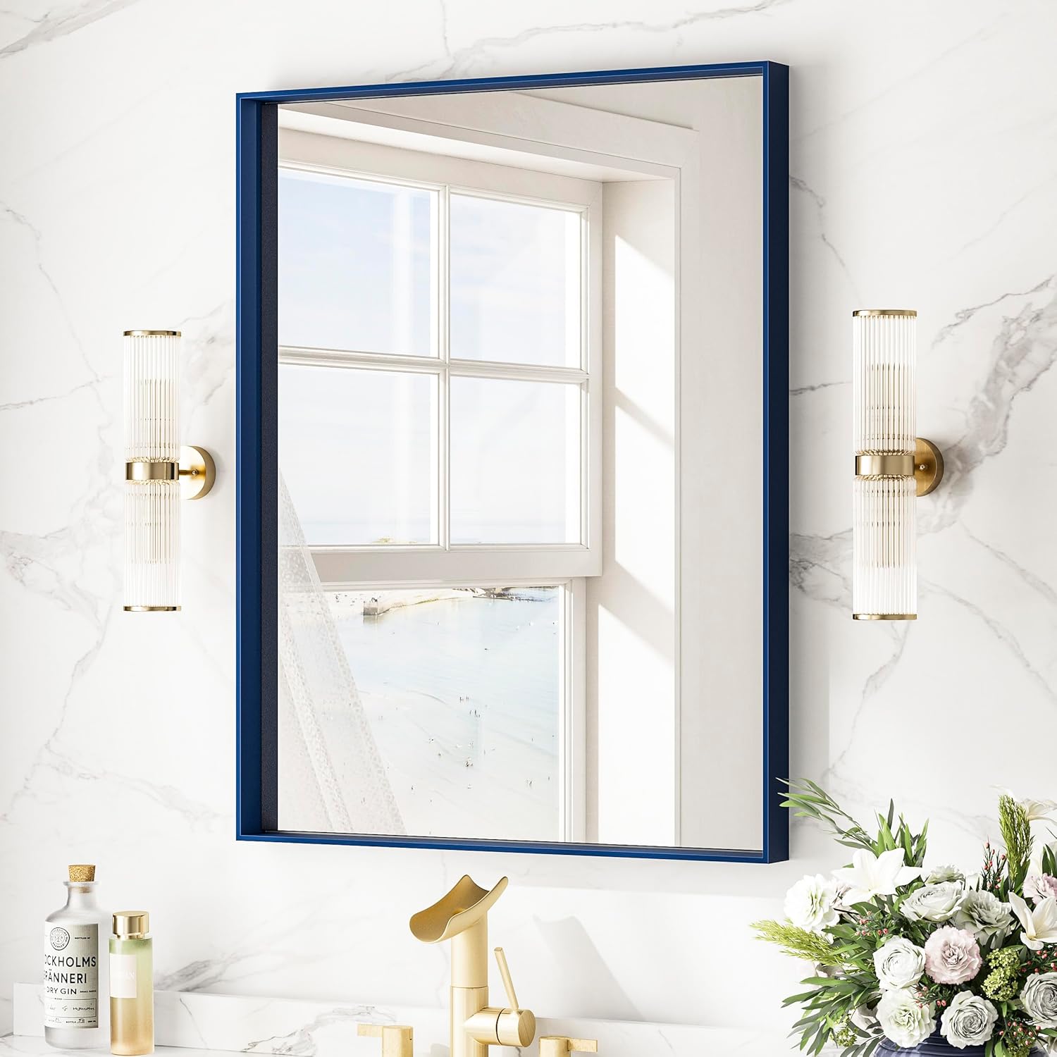 Keonjinn Blue Bathroom Mirror 22 x 30 in, Metal Framed Rectangular Wall Mirror Square Corner, Modern Farmhouse Mirrors, Rectangle Navy Blue Mirrors for Bathroom Sink(Horizontal/Vertical) Navy Blue 30"L x 22"W