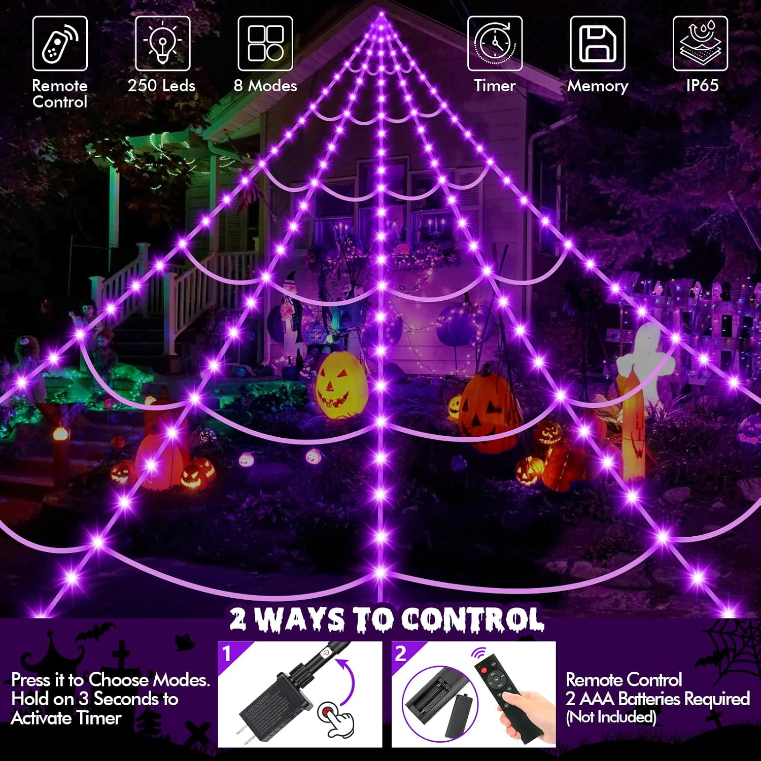 OCATO 200" Halloween Decorations Spider Web Lights Outdoor +59" Fake Spider image 3