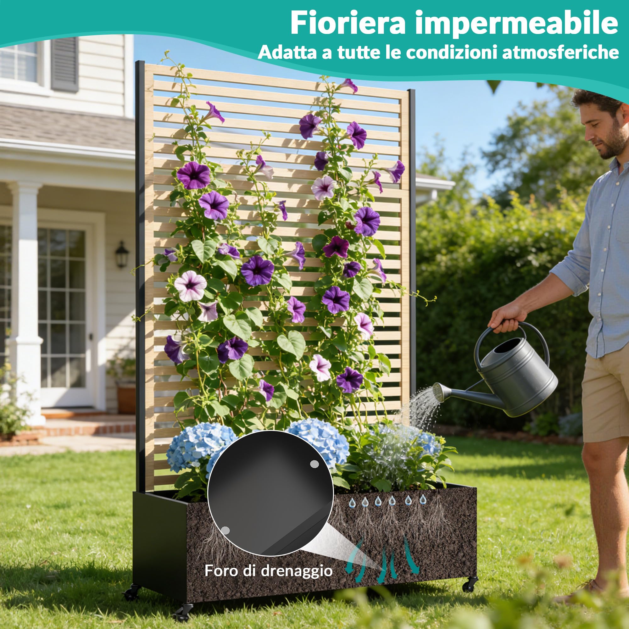 Fioriera da esterno in metallo con traliccio, aiuola rialzata in metallo con ruote, fioriera da esterno indipendente con schermo per la privacy, per fiori, verdure in giardino, patio, balcone