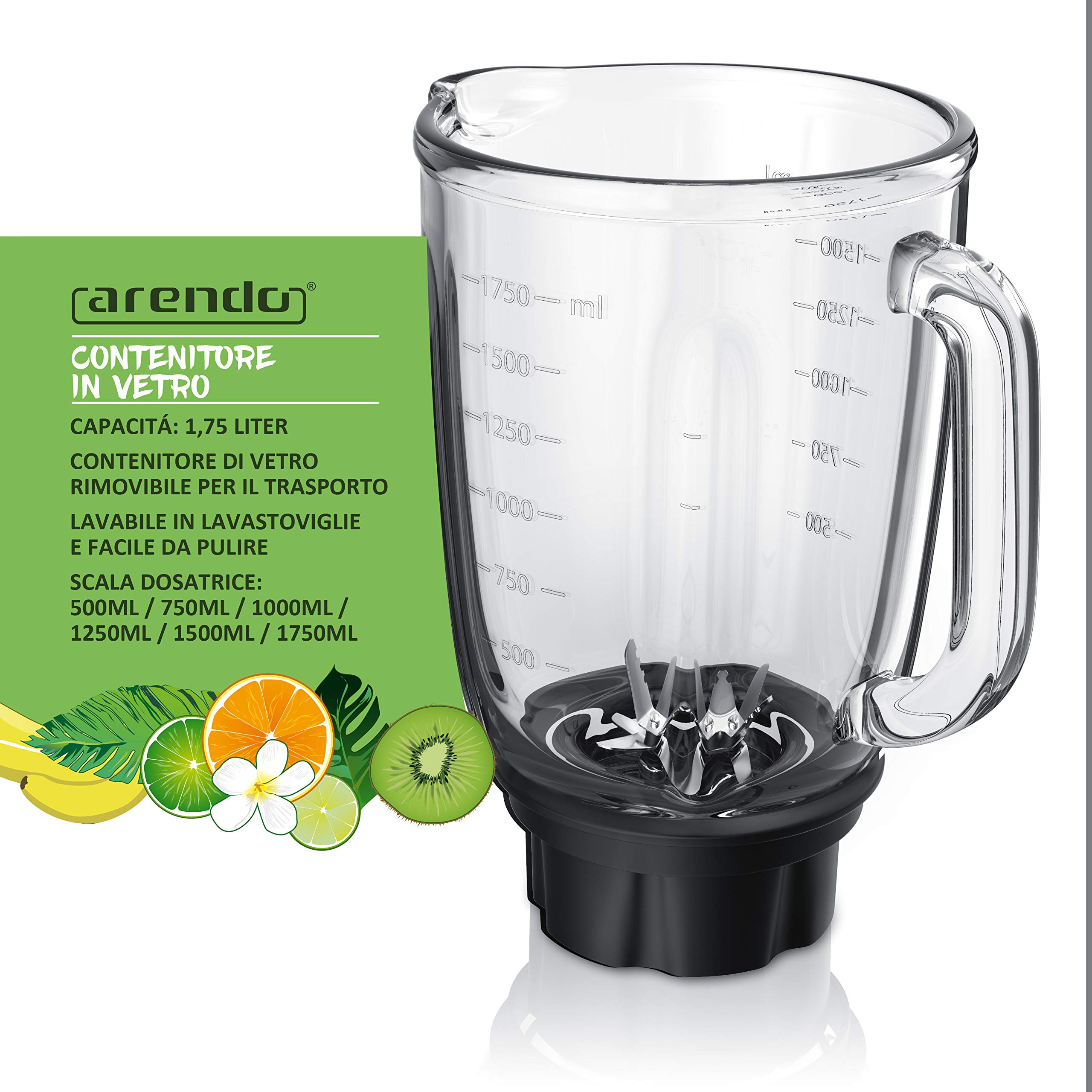Arendo - Frullatore in acciaio inox 24.000 rpm - 1400 watt - incl. contenitore in vetro da 1,75 l - coltello in acciaio inox con cuscinetti a sfera Funzione impulso frullato a 6 lame 30 livelli di