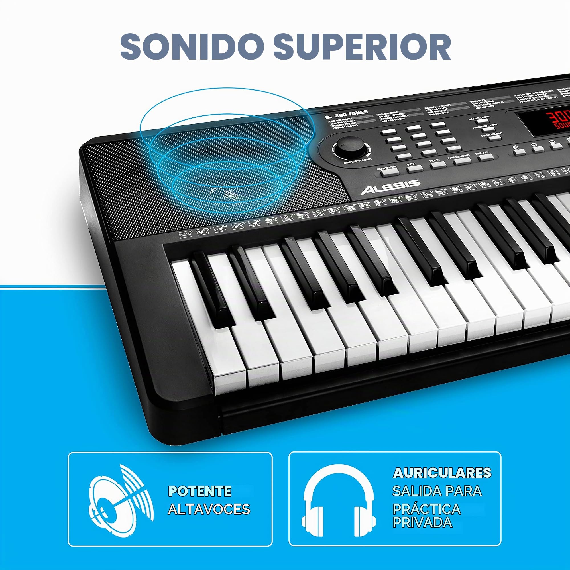 Alesis Melody 54 - Piano eléctrico portátil con teclado de 54 teclas, altavoces integrados, micrófono y atril, 300 sonidos y 300 ritmos, 40 canciones demo, características educativas