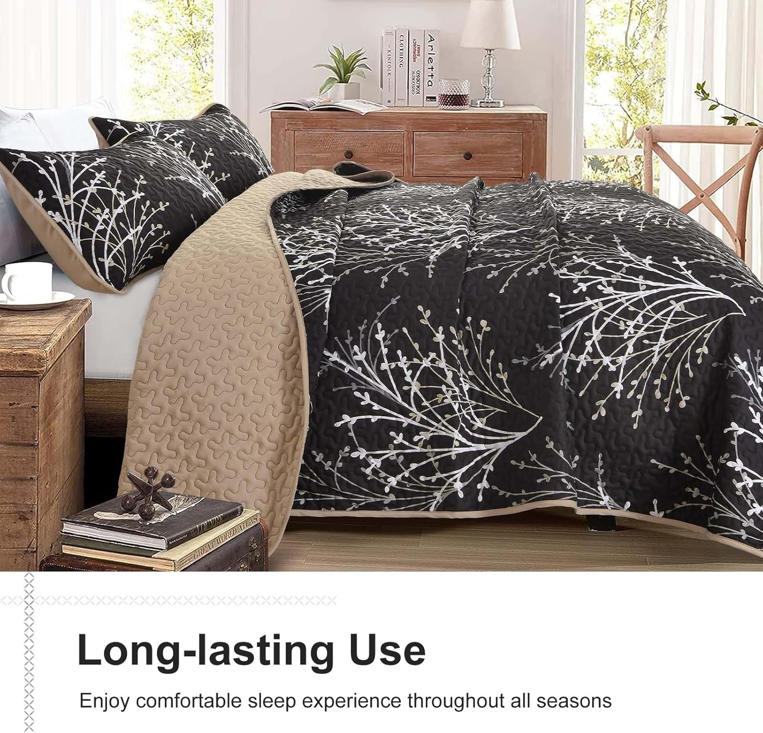 DJY Black King Size Quilt Set Branch Floral Bedspread Coverlet Set, Black Botanical Pattern Quilted Bedding Set 3 Piece Soft Lightweight Microfiber Bed Cover for All Season (110''x90'') - Image 4