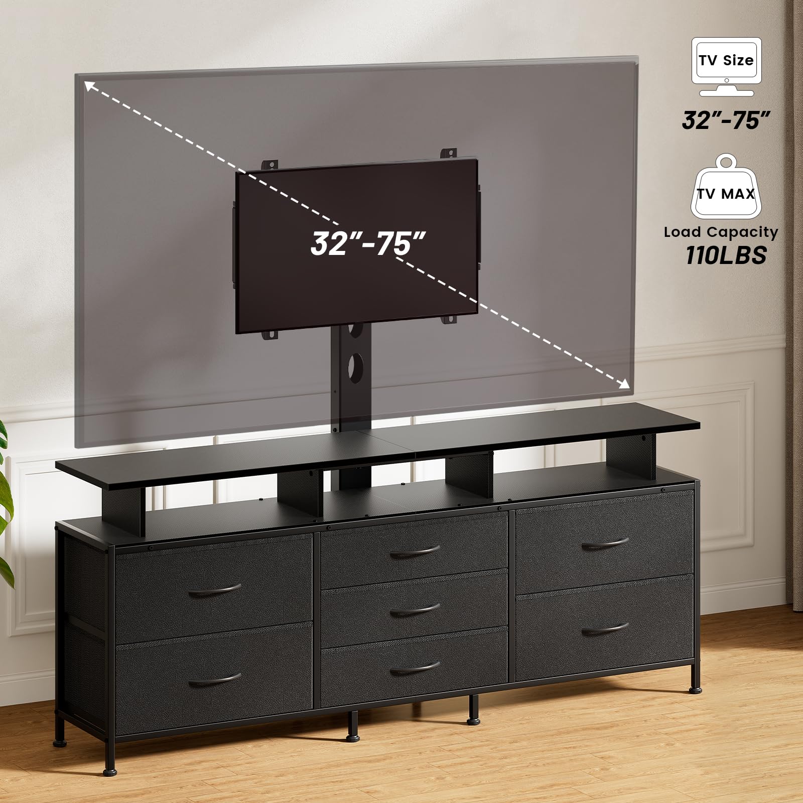 REAHOME TV Stand with Mount, 63" Entertainment Center for 32/45/55/60/65/70 inch TVs, Media Console Table with 7 Drawers, Height Adjustable Mount, Dresser TV Stand for Living Room, Carbon Fiber Black