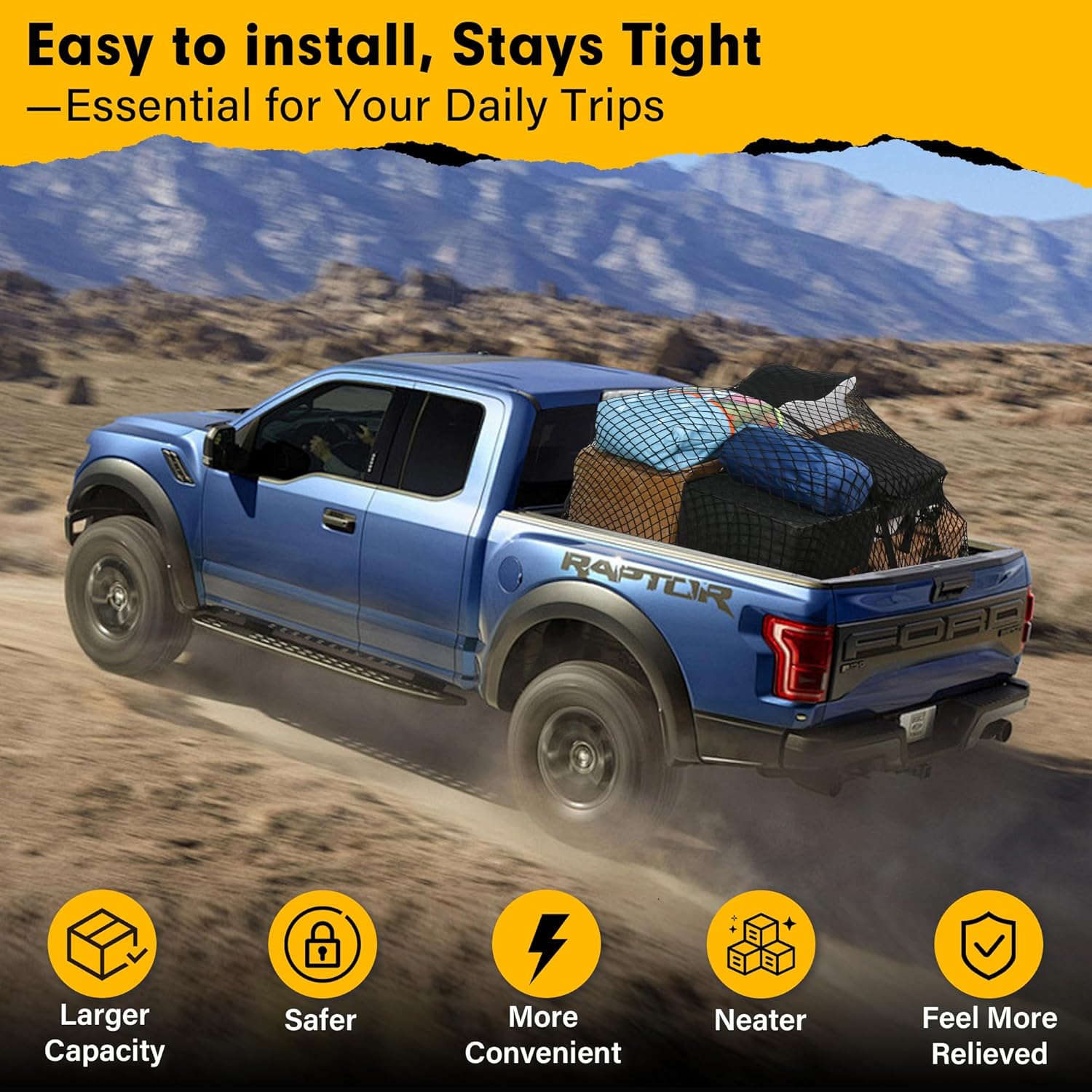 Cargo Net for Pickup Truck Bed 4'×4' Stretches to 7'×7', Highly Elastic Truck Bed Net with Fine Mesh & 8 Strong Metal Carabiners, Easy to Install Cargo Netting for Vehicles, Trailers, Boats thumbnail