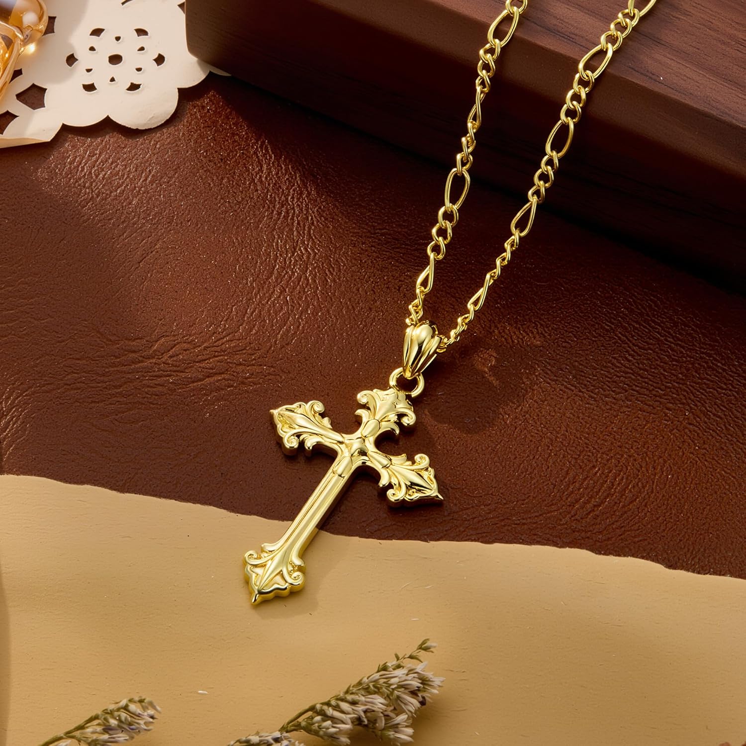 Cross Necklace for Women 14K Gold and Sterling Silver Plated Cross Pendant Necklaces for Men Christian Crosses Necklace with Figaro Chain - Image 7