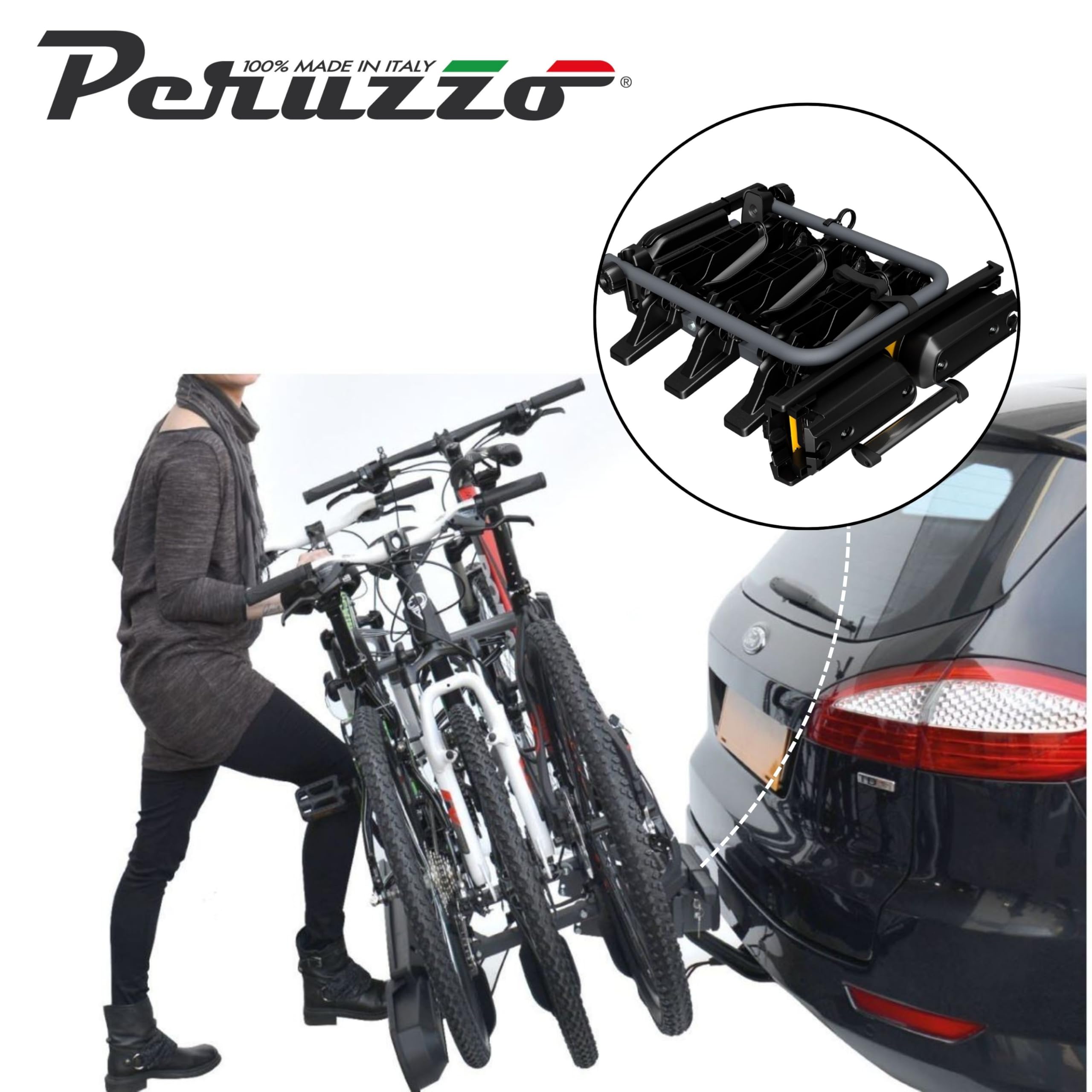Peruzzo - Porte-vélo sur Attelage Pure Instinct - Transport 3 vélos (60kg Max) - Compatible Fat Bike - Inclinable avec pédale - Câble antivol à clé Inclus - Assemblé et Pliable pour Rangement Facile - 5