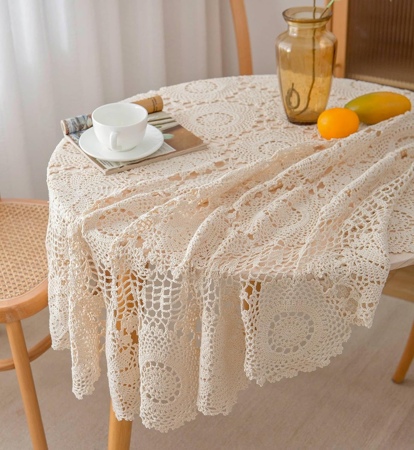 Hand Crochet Lace Round Tablecloth Decorative Handmade Rustic Farmhouse Cotton Beige Snowflakes Fabric Table Cover 52 inches Diameter