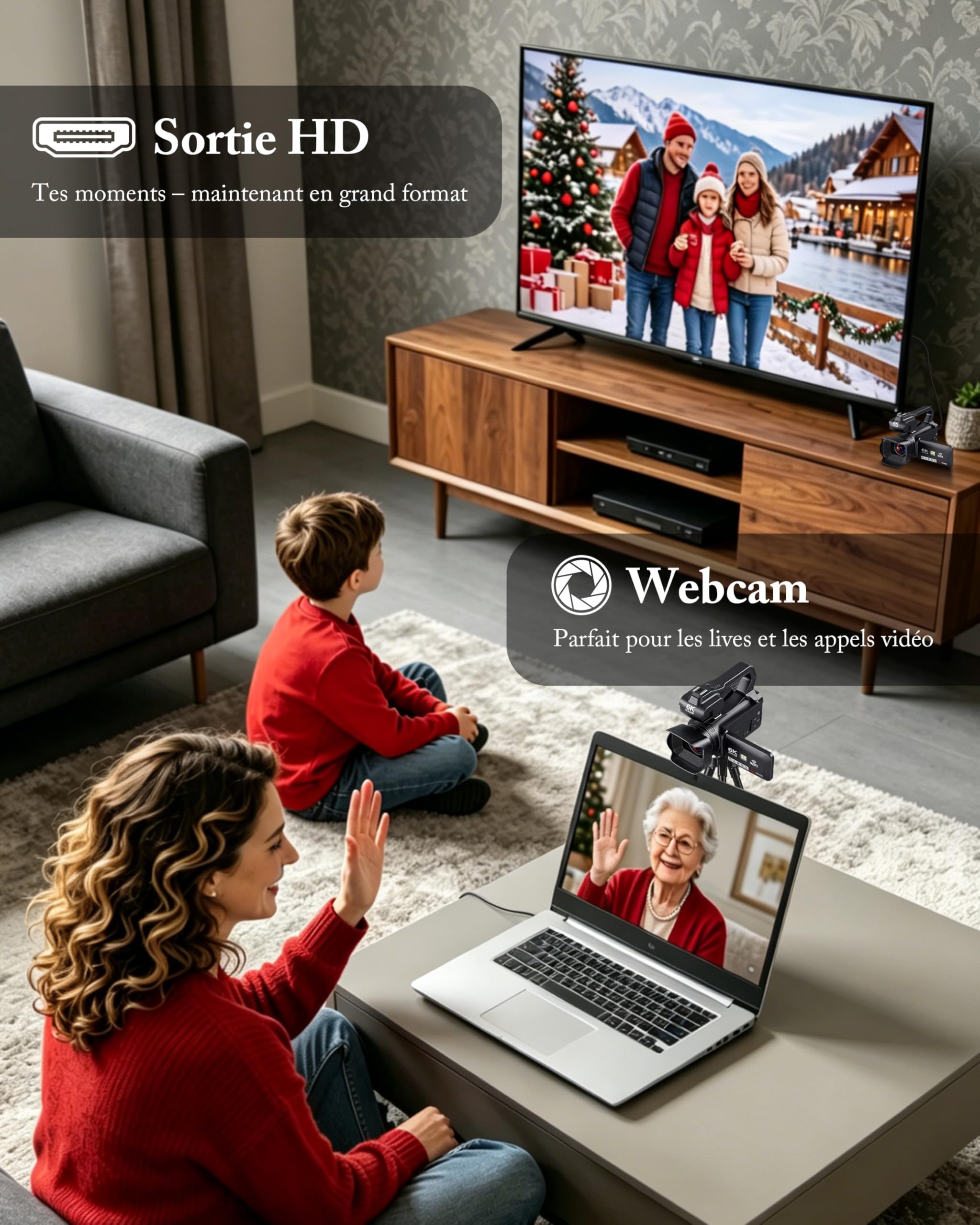 Caméscope 6K 64MP WiFi Vision Nocturne Infrarouge 18X Zoom Numérique avec Pile 4500mAh, Carte SD 64 Go
