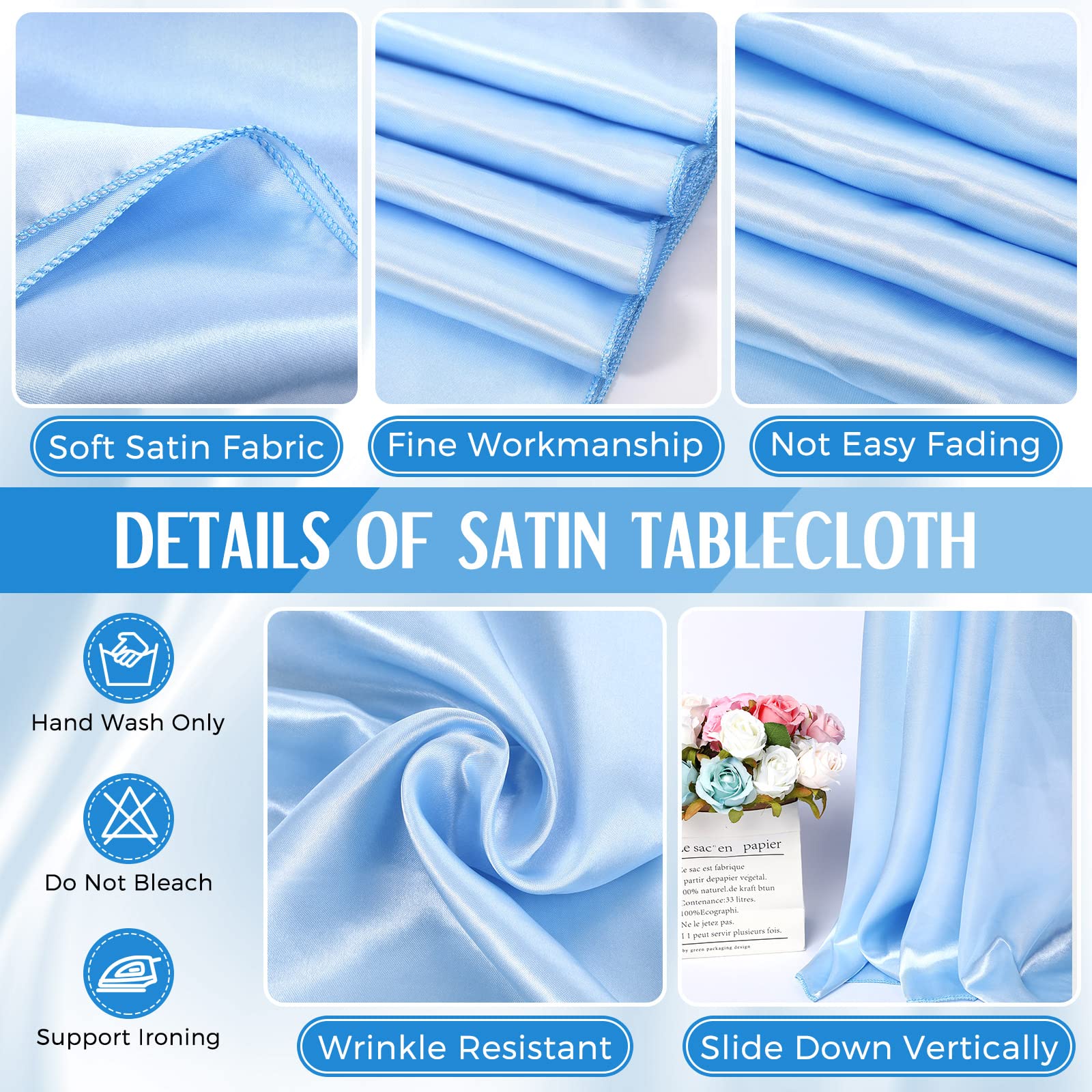 Lounsweer 8 Packs Satin Tablecloth 102 x 58 Inches Rectangle Table Cover Silk Smooth Fabric Party Table Cloth for Rectangle Table Parties, Holiday Dinner Wedding Banquet Decoration (Sky Blue)