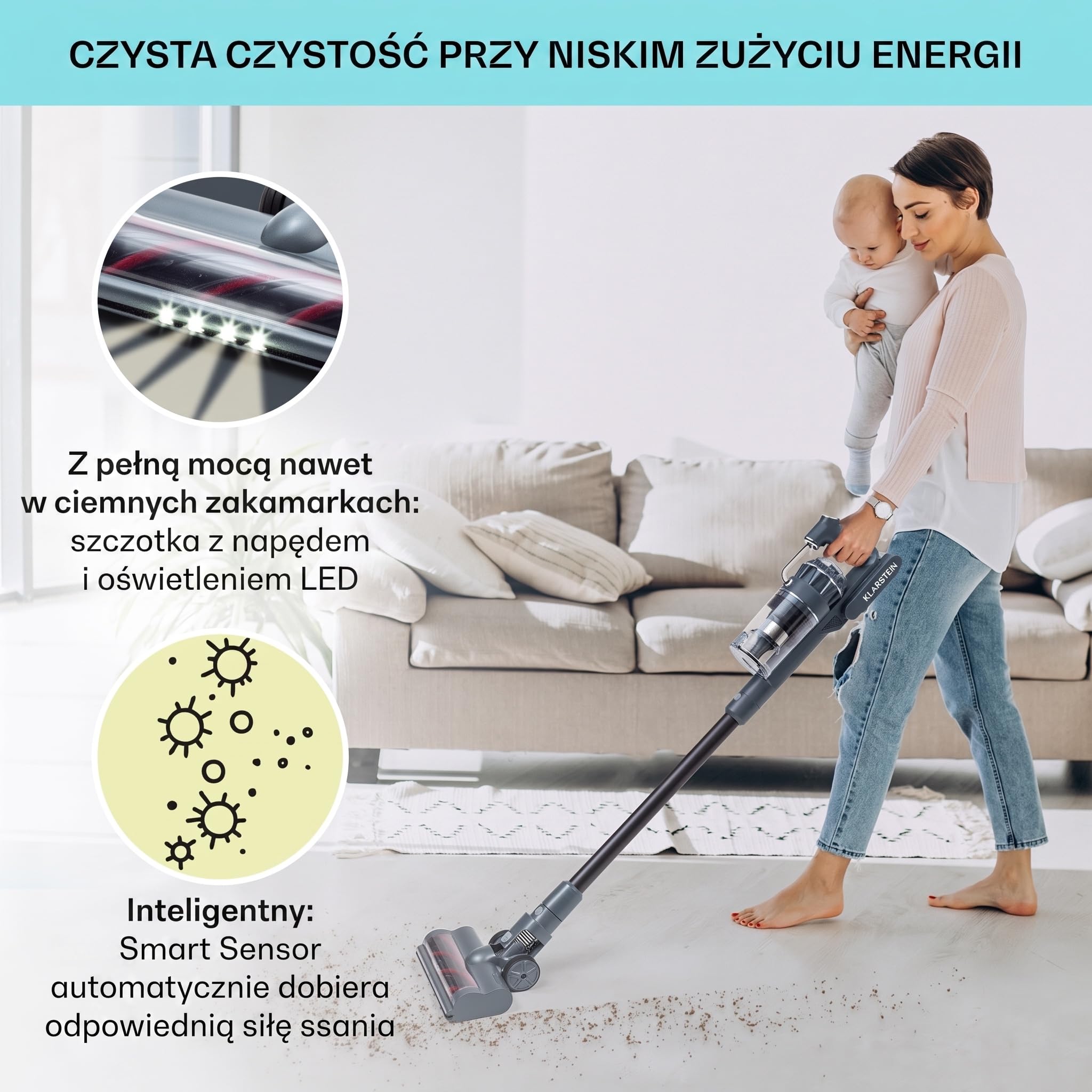 Klarstein Odkurzacz akumulatorowy bezworkowy, Odkurzacz bezprzewodowy z 4-stopniowym filtrem E12 EPA, Odkurzacz na sierść zwierząt, dywan i twardą podłogę, Odkurzacz pionowy bez worka z ssawką 180°