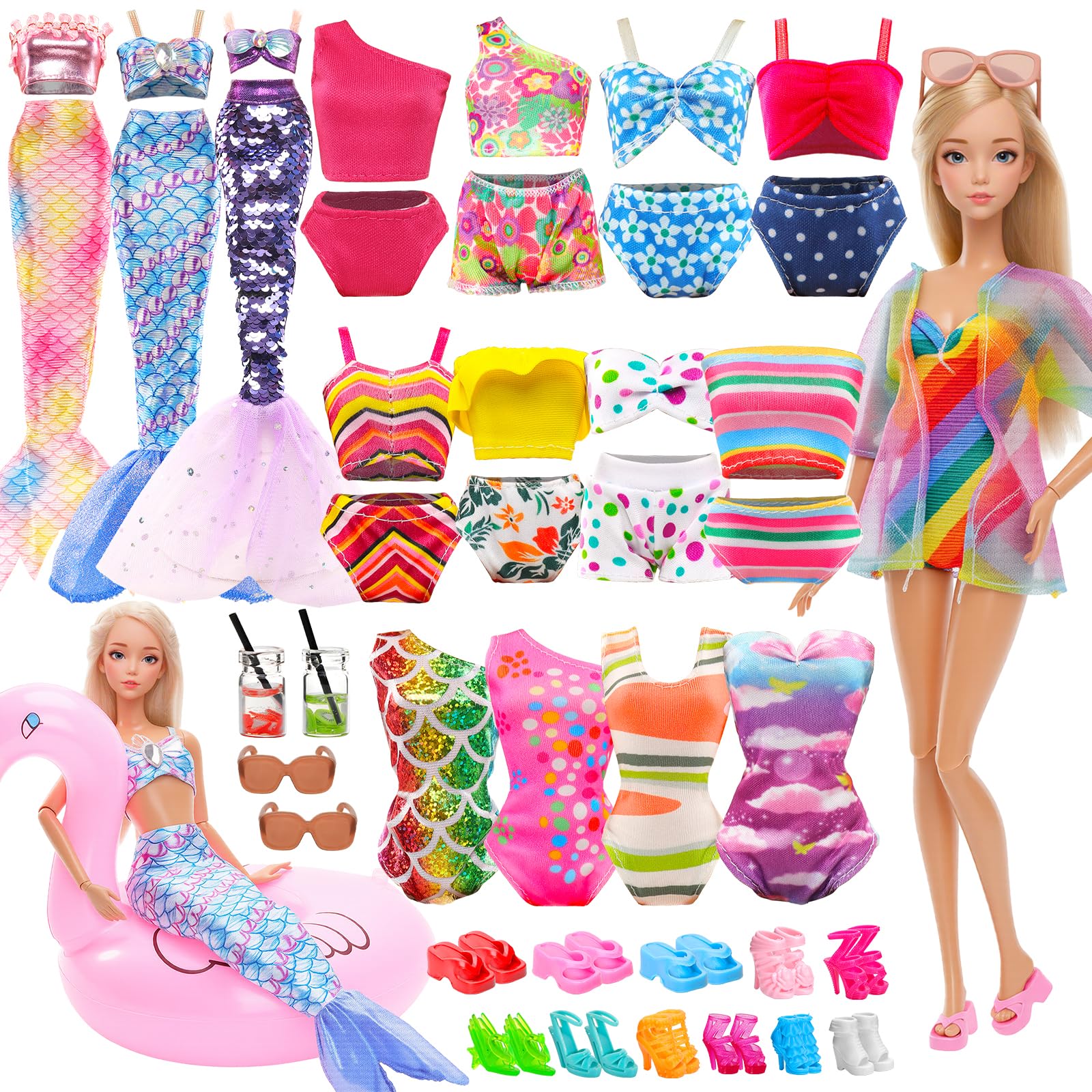 20 PCS Doll Clothes Swimwear Beach Bathing Set Including 5 Bikini Swimsuit, Coat, Mermaid Dress, 5 Shoes, 3 Slippers, Swimming Ring Float, Drinks and