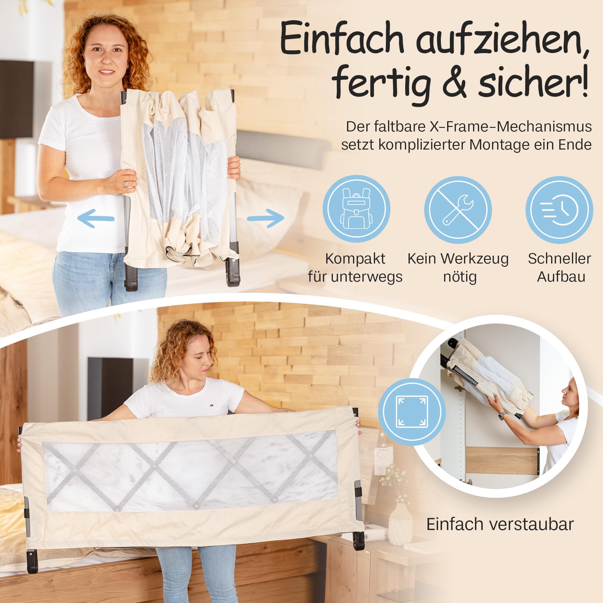 Rausfallschutz Bett Faltbar, 55x130 | Kompakt und Handlich, Für Reise, Übernachtungen, Hotels, Für Boxspringbett, Massivholzbett, Metallbett