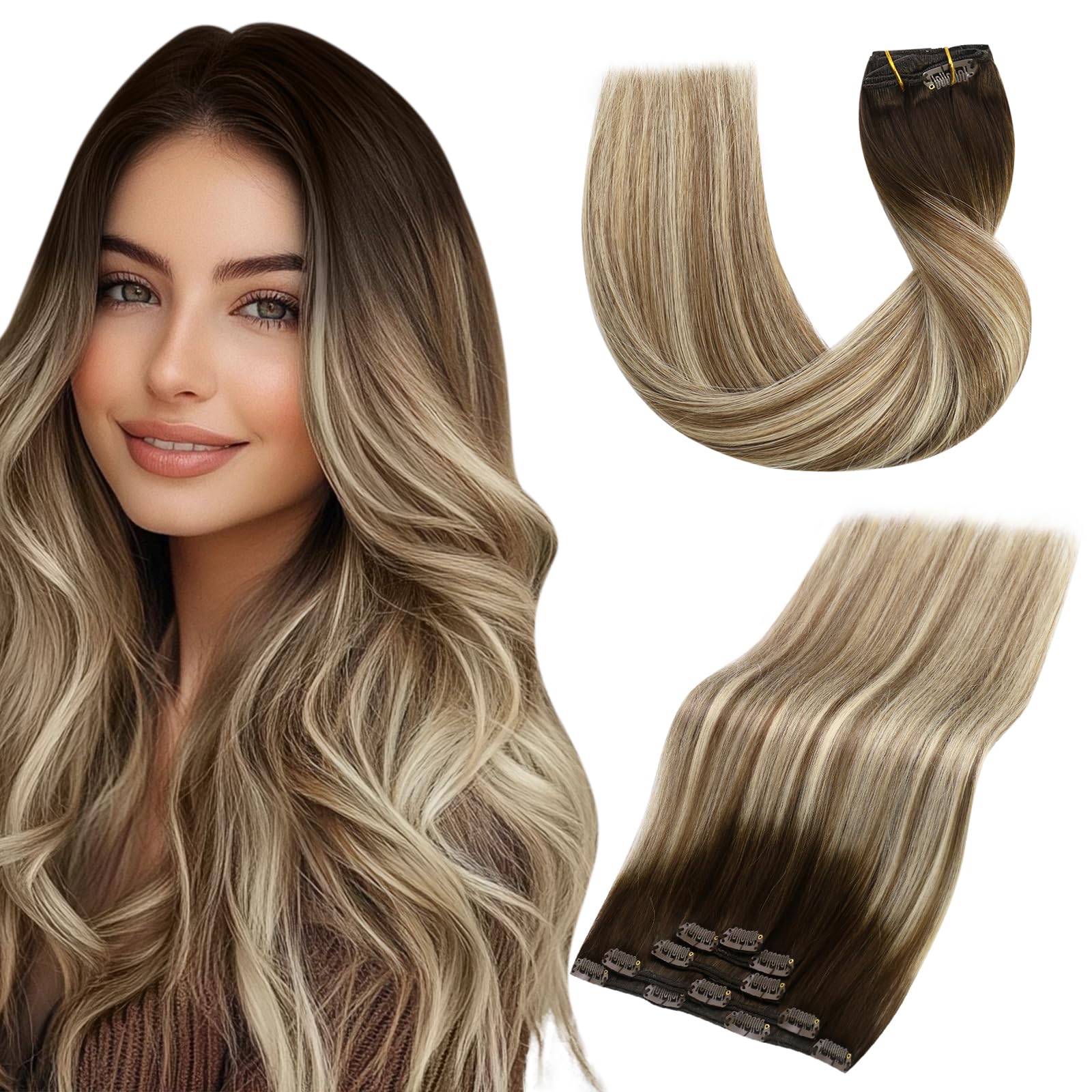 Vivien Brown Clip in Hair Extensions Darkest Brown to Light Brown Balayage Hair Extensions for Women Clip in Hair Extensions Human Hair 22 Inch 120g 7pcs #2/8/2 — view 20