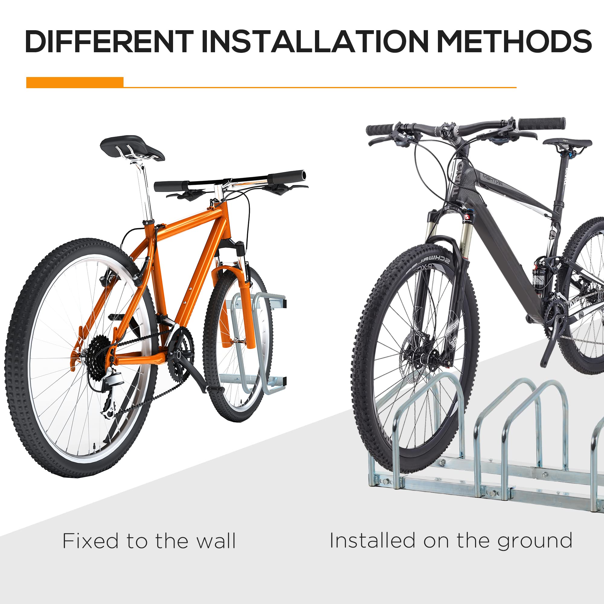 HOMCOM Rastrelliera Biciclette da Pavimento o Parete, Portabici da Terra per 5 Biciclette in Acciaio, Ruote Fino 65 mm, 145x33x27 cm, Argento