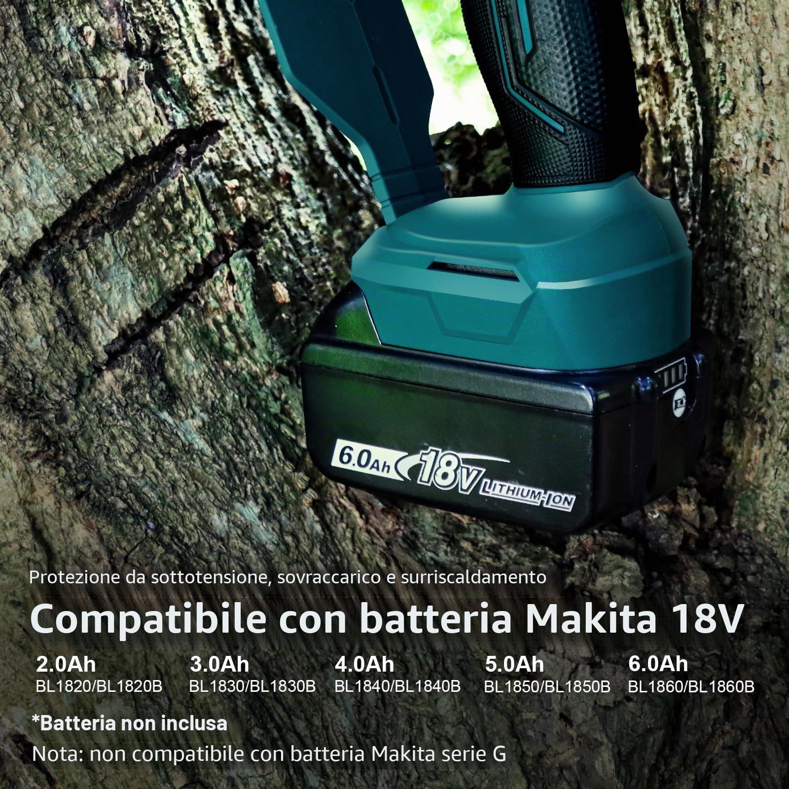 Mini motosega 15 cm compatibile con batteria Makita 18V, motosega da potatura brushless con lubrificazione automatica per taglio del legno e giardinaggio (senza batteria e olio catena)