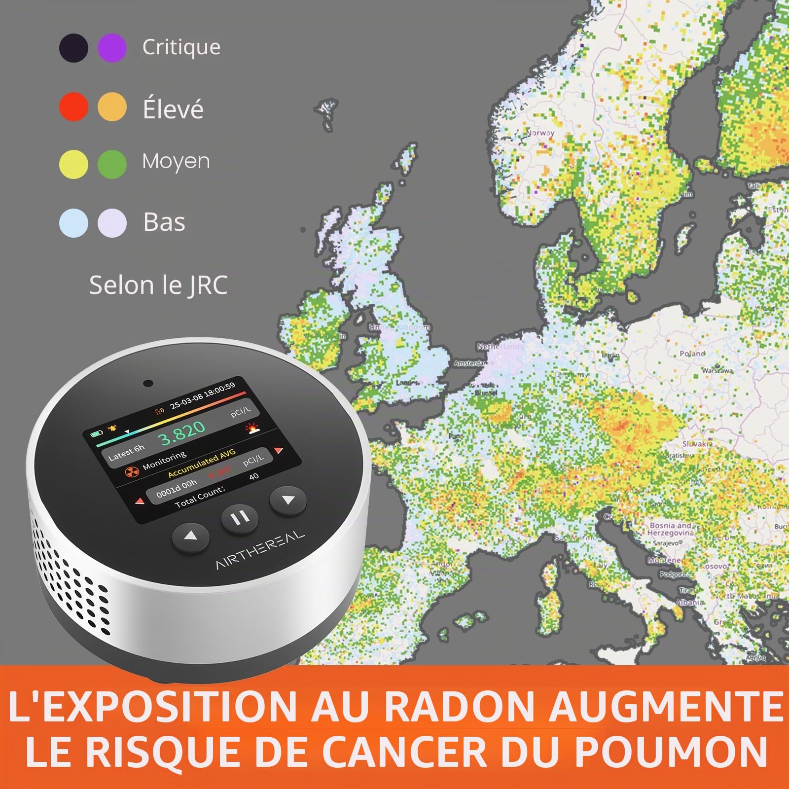 Airthereal Détecteur de Radon Portable – Stockage des données 504 Jours, écran LCD Couleur, résultats Rapides en 6 h, Longue autonomie de la Batterie, Alarme sonore et visuelle – Version 2025