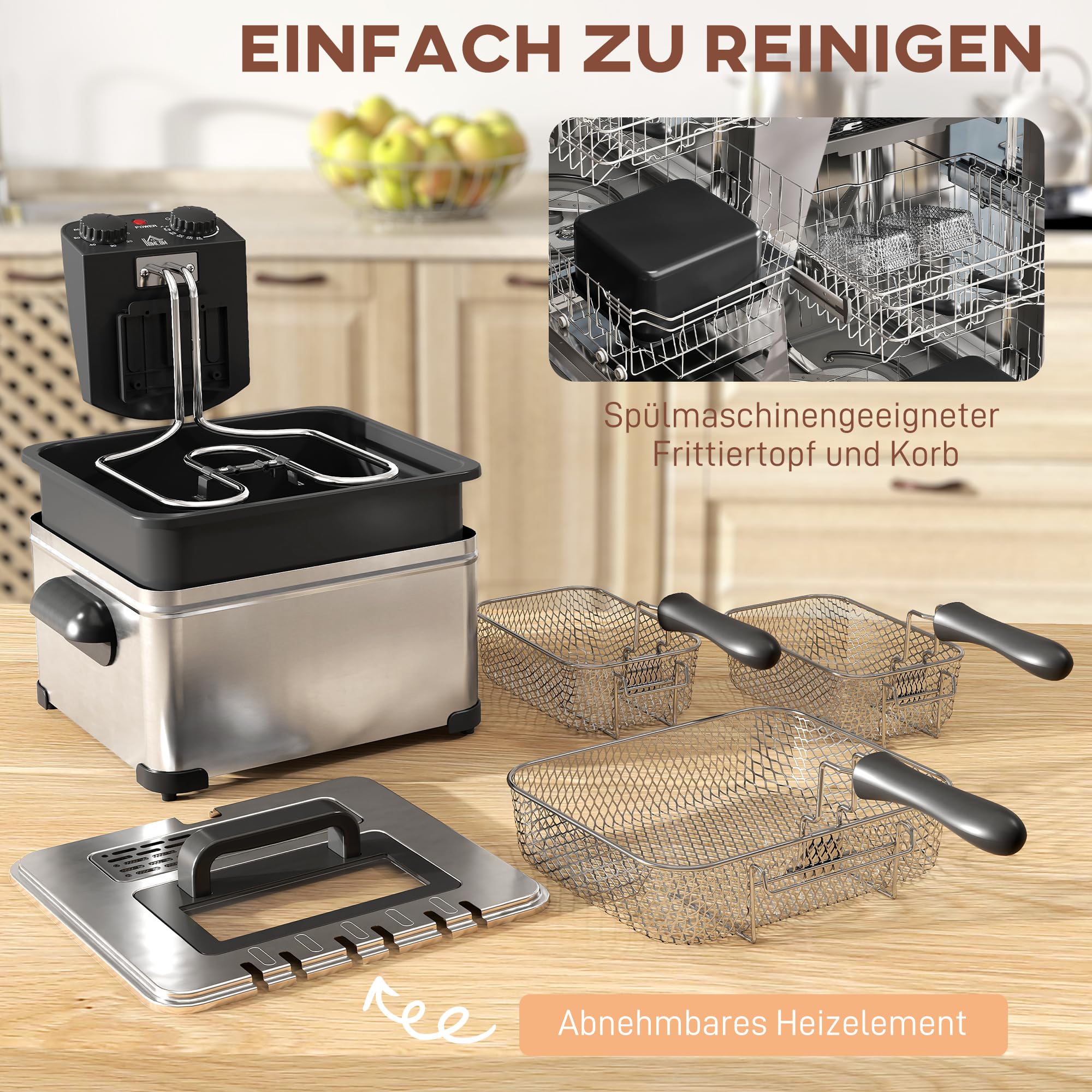 HOMCOM Friteuse 5 litres Électrique Température/Minuterie Réglables 2000 W | Panier à Huile Amovible, Fenêtre de Visualisation, pour Frites et Poulet Frit, Acier Inoxydable